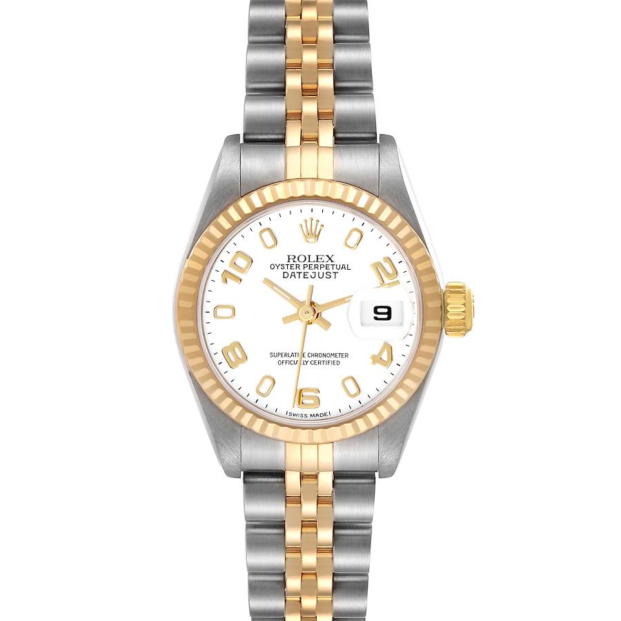 The Rolex Datejust watch is shown from a front view, displaying the dial, bezel, and two-tone bracelet.