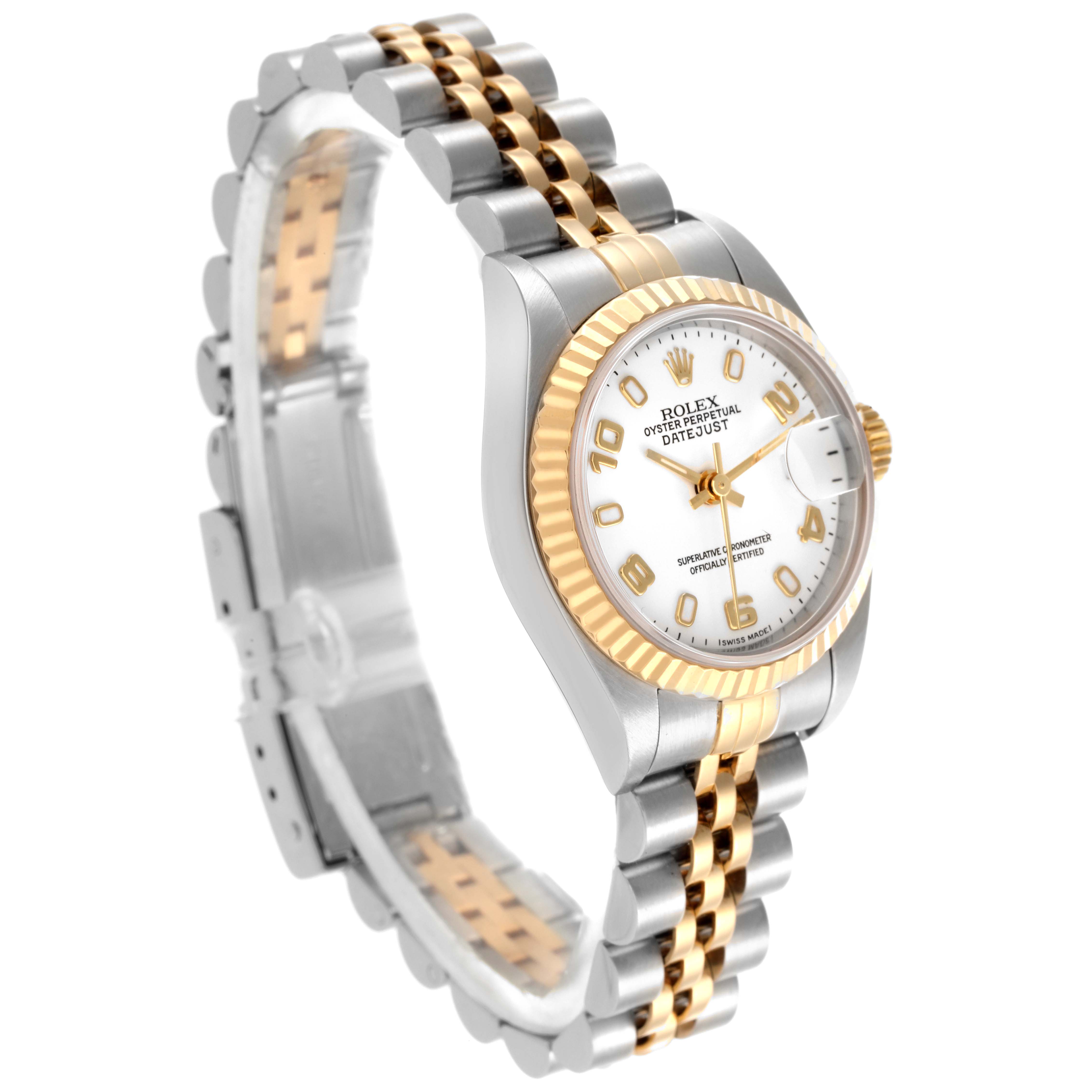The Rolex Datejust 79173 Women's Steel and Gold (two tone) White Dial 79173 Women's Steel and Gold (two tone) White Dial watch is shown at a three-quarter angle, highlighting its face, bezel, and two-tone bracelet.