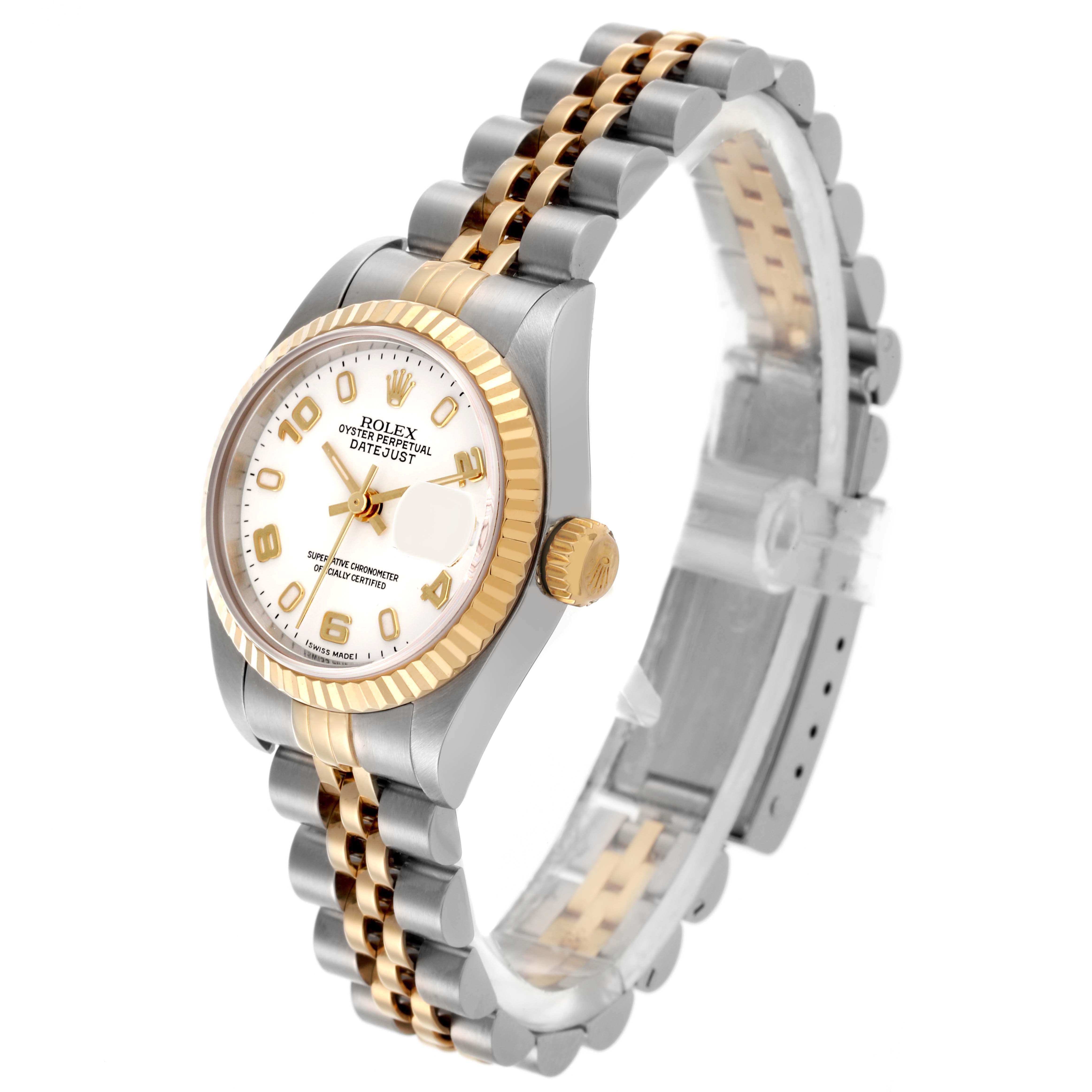 The Rolex Datejust 79173 Women's Steel and Gold (two tone) White Dial 79173 Women's Steel and Gold (two tone) White Dial watch is shown at a three-quarter angle, displaying the face, bezel, crown, and bracelet.