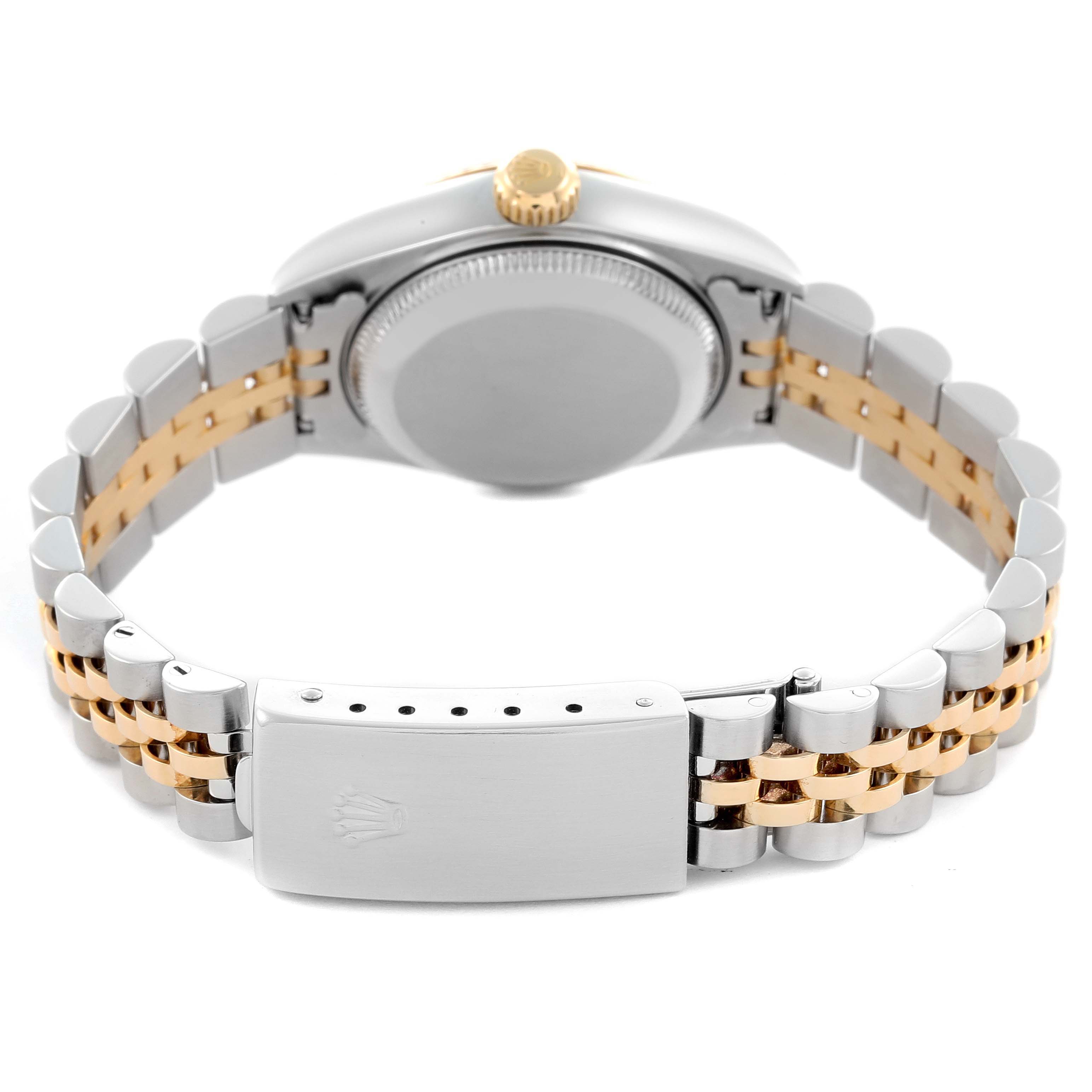 The image shows the back of a Rolex Datejust 79173 Women's Steel and Gold (two tone) White Dial 79173 Women's Steel and Gold (two tone) White Dial with a two-tone bracelet and clasp, emphasizing the case back and crown.