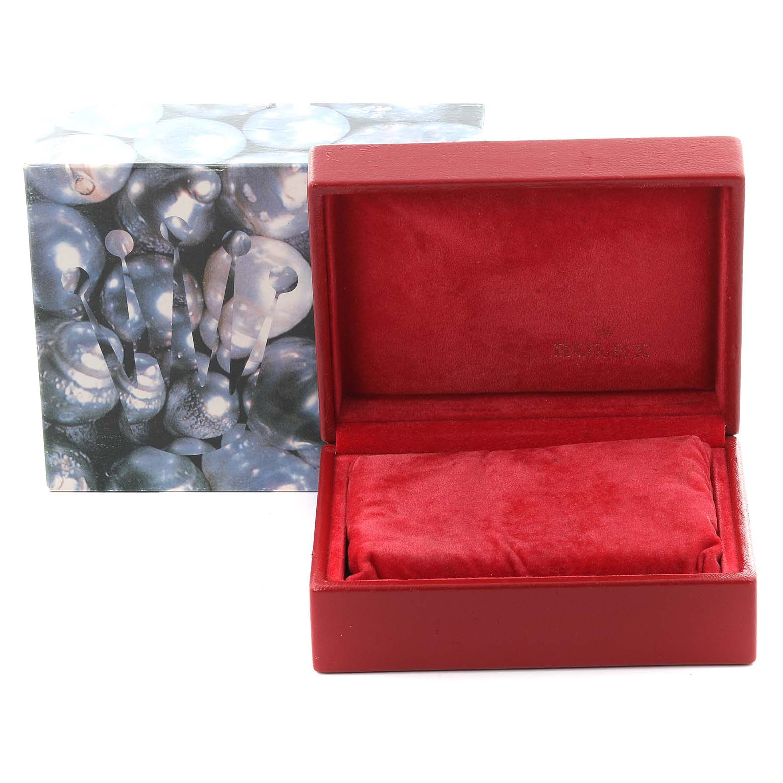 The image shows an open red Rolex Datejust 79173 Women's Steel and Gold (two tone) White Dial 79173 Women's Steel and Gold (two tone) White Dial watch box with a protective pouch inside at a front angle.