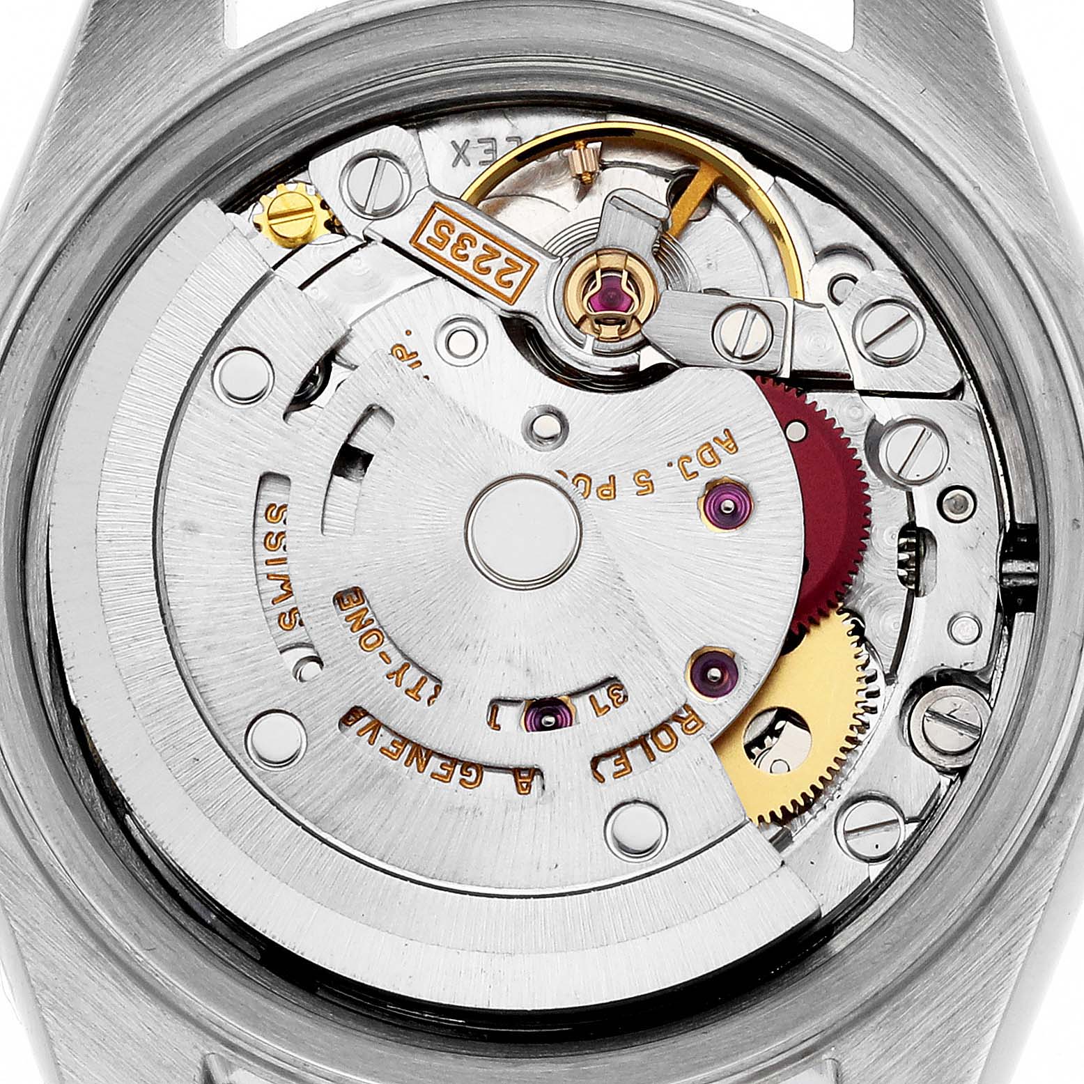 This image shows the movement and inner workings of the Rolex Datejust 79173 Women's Steel and Gold (two tone) White Dial 79173 Women's Steel and Gold (two tone) White Dial watch from a rear angle, highlighting its intricate mechanics.