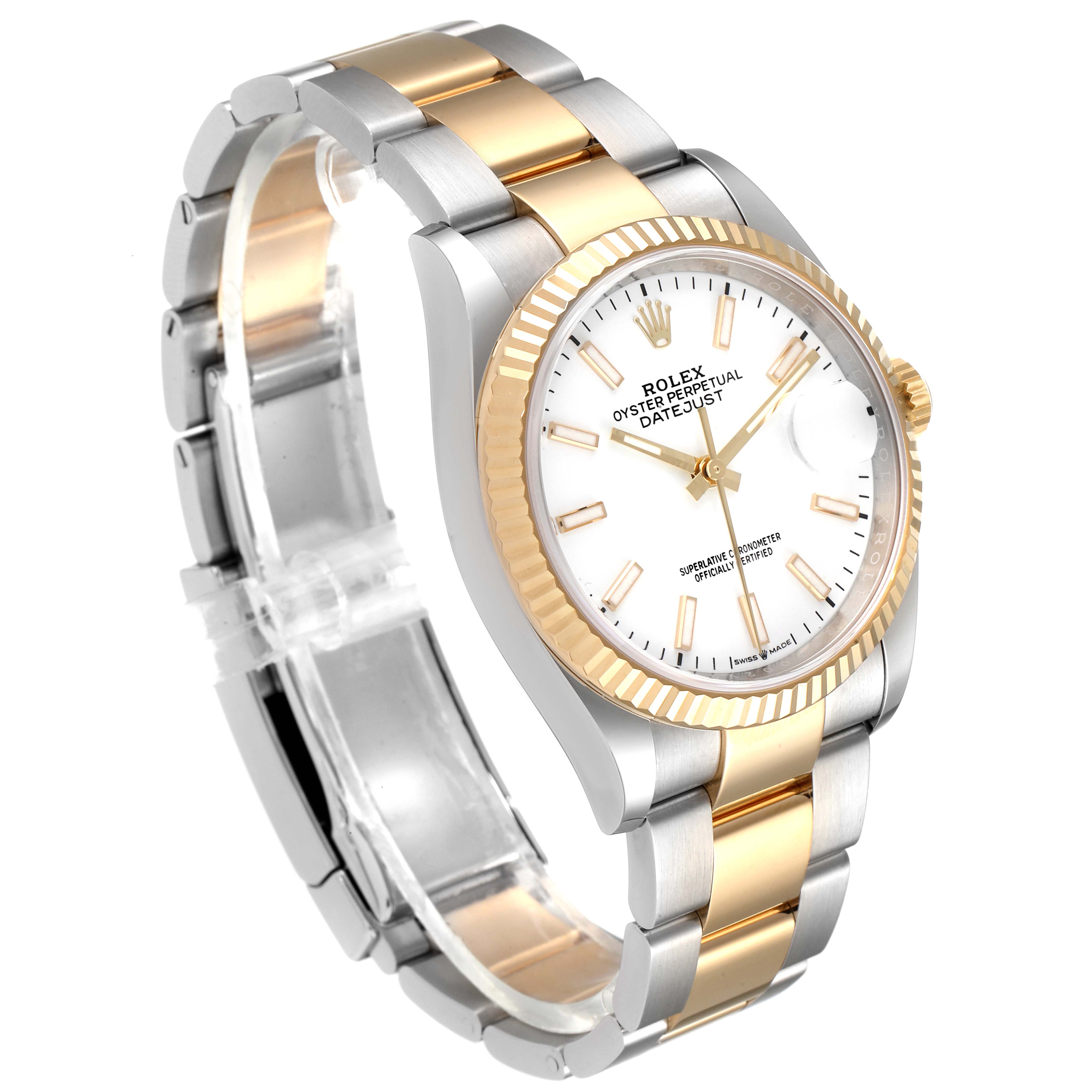 The image shows a Rolex Datejust 126233 Men's Steel and Gold (two tone) White Dial 126233 Men's Steel and Gold (two tone) White Dial watch angled to display the face, bezel, and two-tone bracelet.