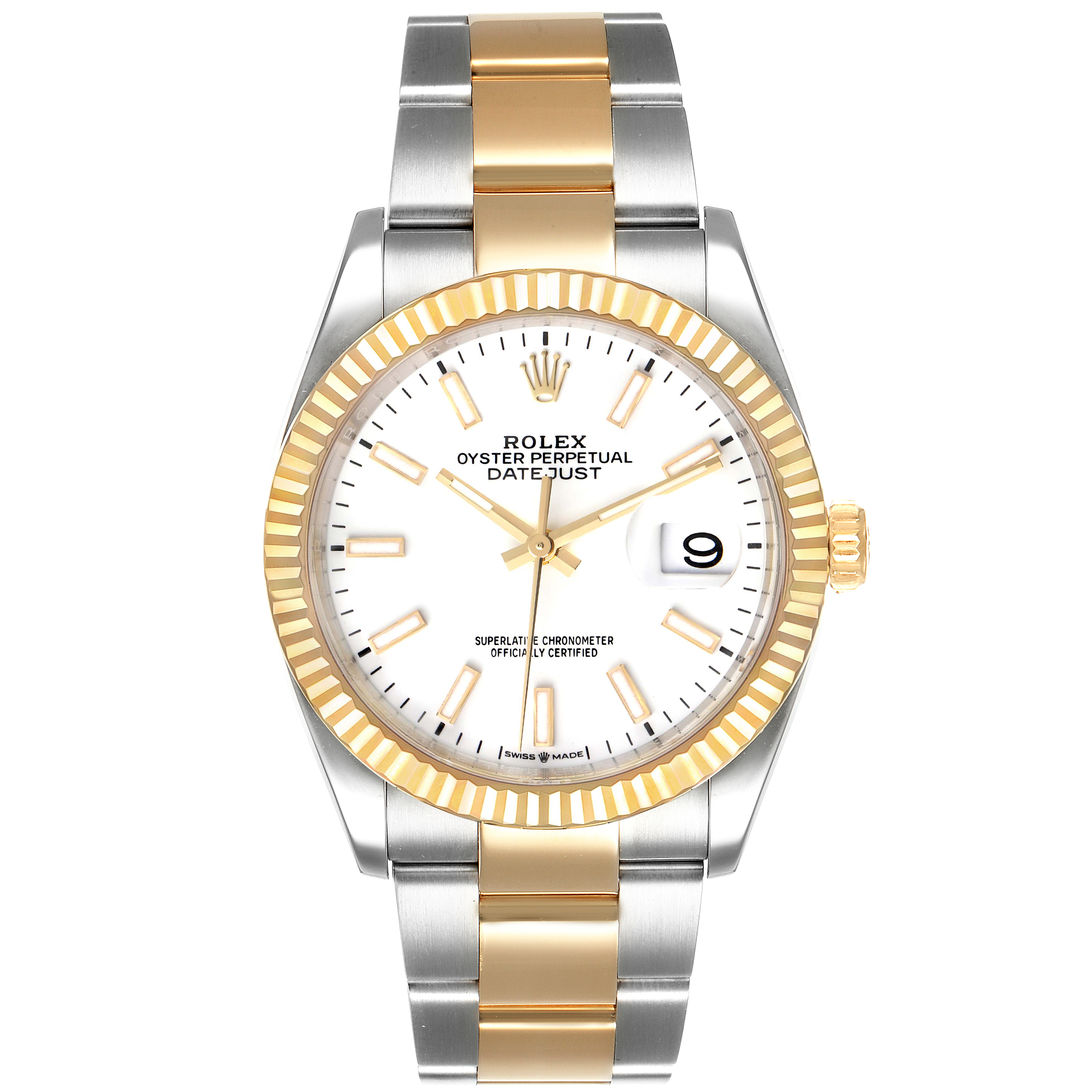 The image shows a frontal view of a Rolex Datejust 126233 Men's Steel and Gold (two tone) White Dial 126233 Men's Steel and Gold (two tone) White Dial watch, highlighting its dial, bezel, and two-tone bracelet.