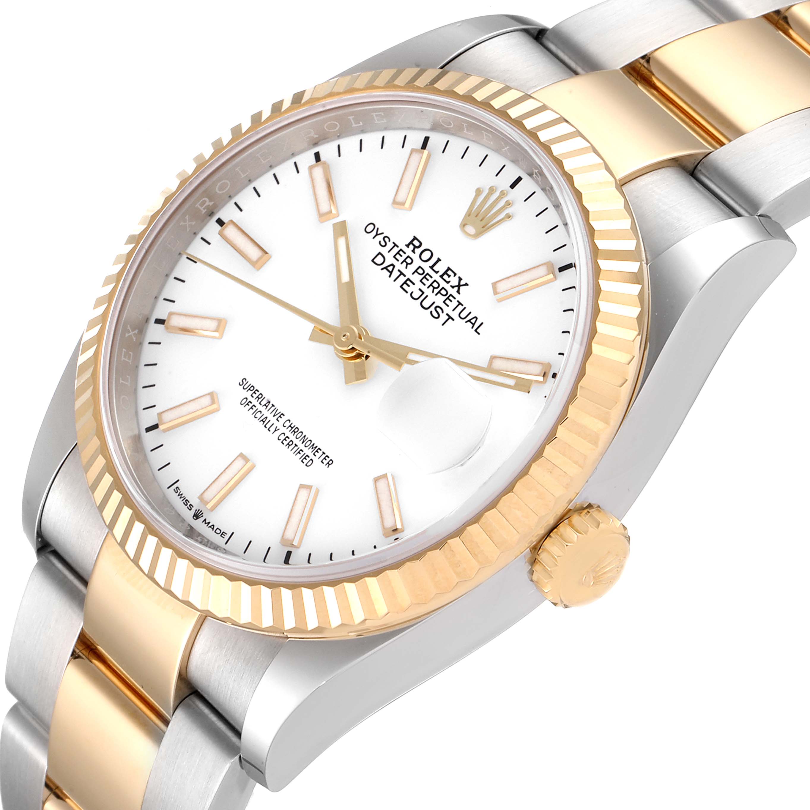The image shows a close-up view of the dial, fluted bezel, crown, and part of the bracelet of a Rolex Datejust 126233 Men's Steel and Gold (two tone) White Dial 126233 Men's Steel and Gold (two tone) White Dial watch.