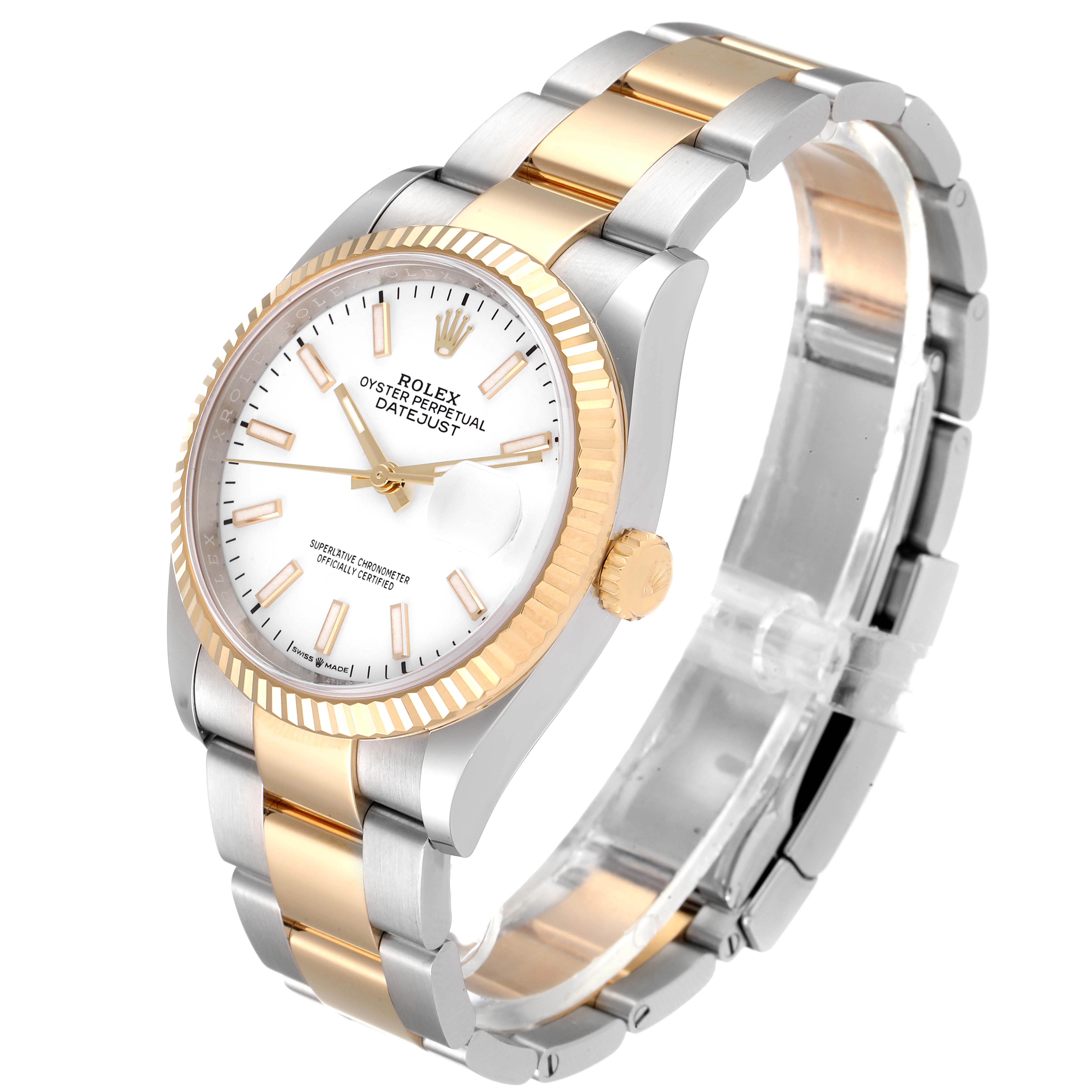 This image shows a Rolex Datejust 126233 Men's Steel and Gold (two tone) White Dial 126233 Men's Steel and Gold (two tone) White Dial model watch angled to display its face, bezel, crown, and two-tone bracelet.
