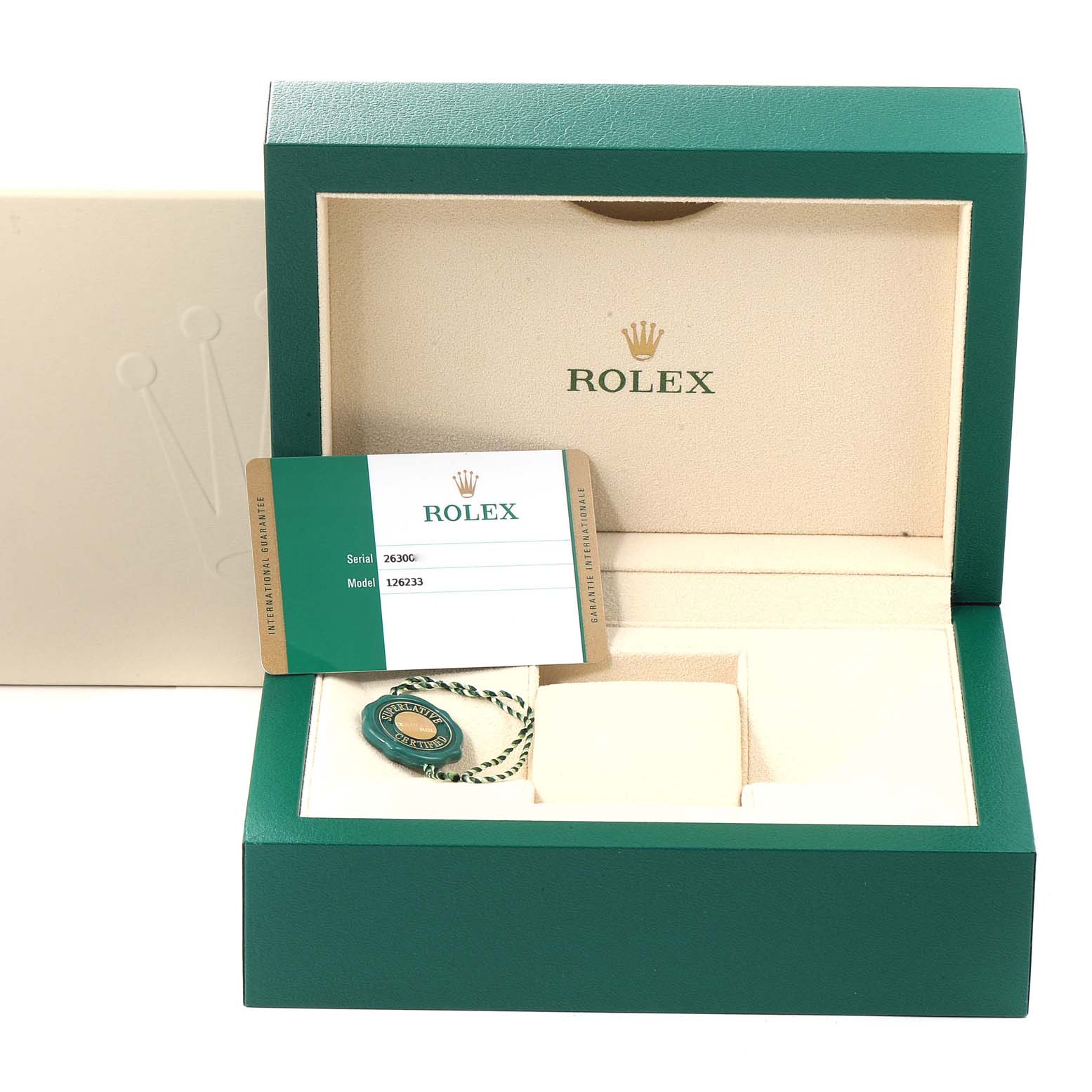 The image shows the open presentation box, warranty card, and tag of a Rolex Datejust 126233 Men's Steel and Gold (two tone) White Dial 126233 Men's Steel and Gold (two tone) White Dial model.
