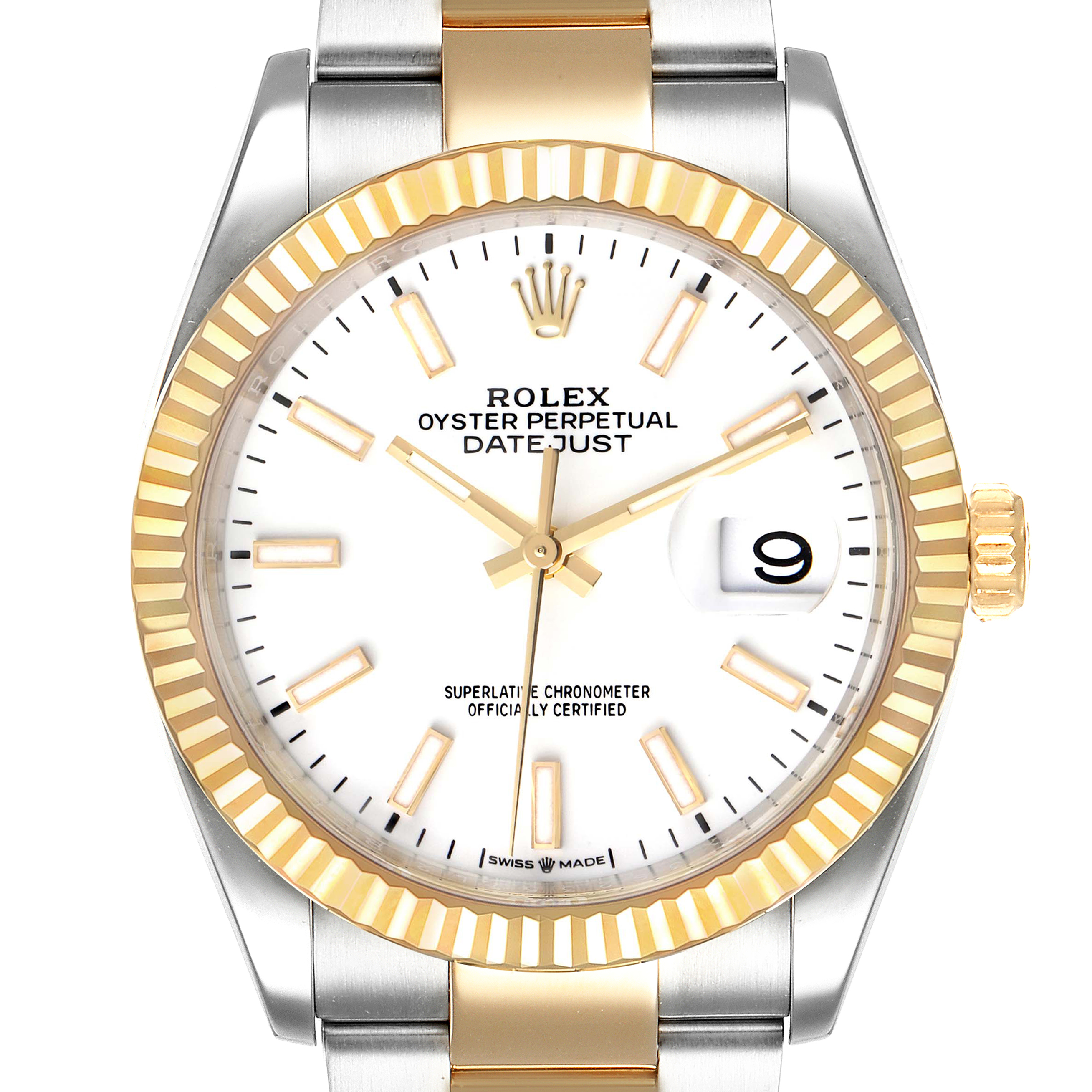 The image shows a full frontal view of a Rolex Datejust 126233 Men's Steel and Gold (two tone) White Dial 126233 Men's Steel and Gold (two tone) White Dial model, highlighting the dial, hands, bezel, and date window.