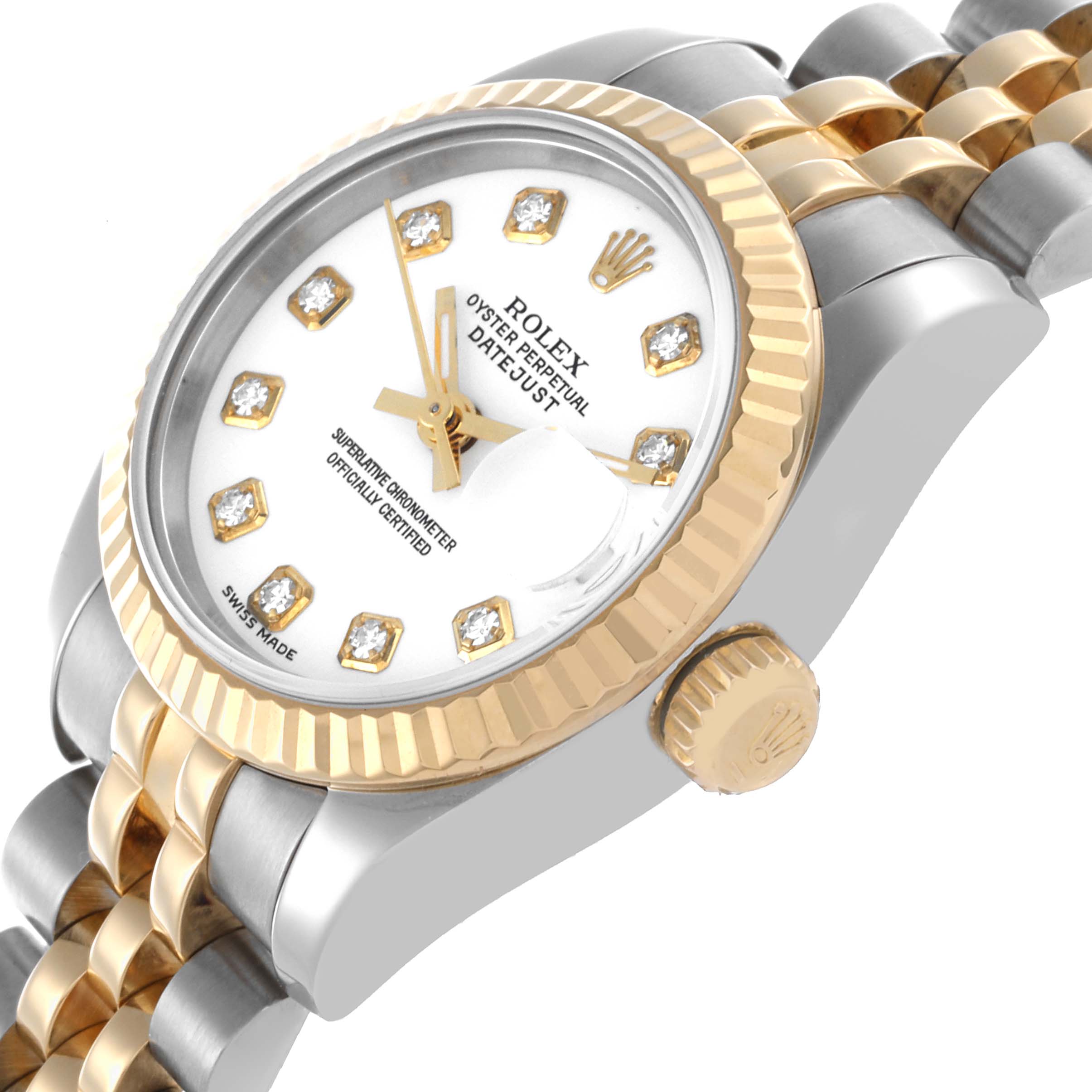 The Rolex Datejust 179173 Women's Steel and Gold (two tone) White Dial 179173 Women's Steel and Gold (two tone) White Dial watch is shown from a side angle, highlighting the gold bezel, crown, and two-tone bracelet.