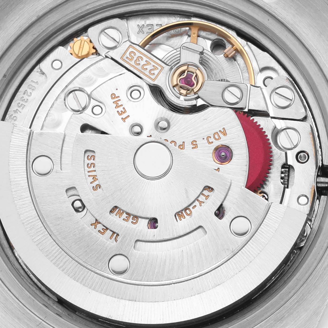 The image shows the intricate movement mechanism of a Rolex Datejust 179173 Women's Steel and Gold (two tone) White Dial 179173 Women's Steel and Gold (two tone) White Dial watch from a top-down angle.