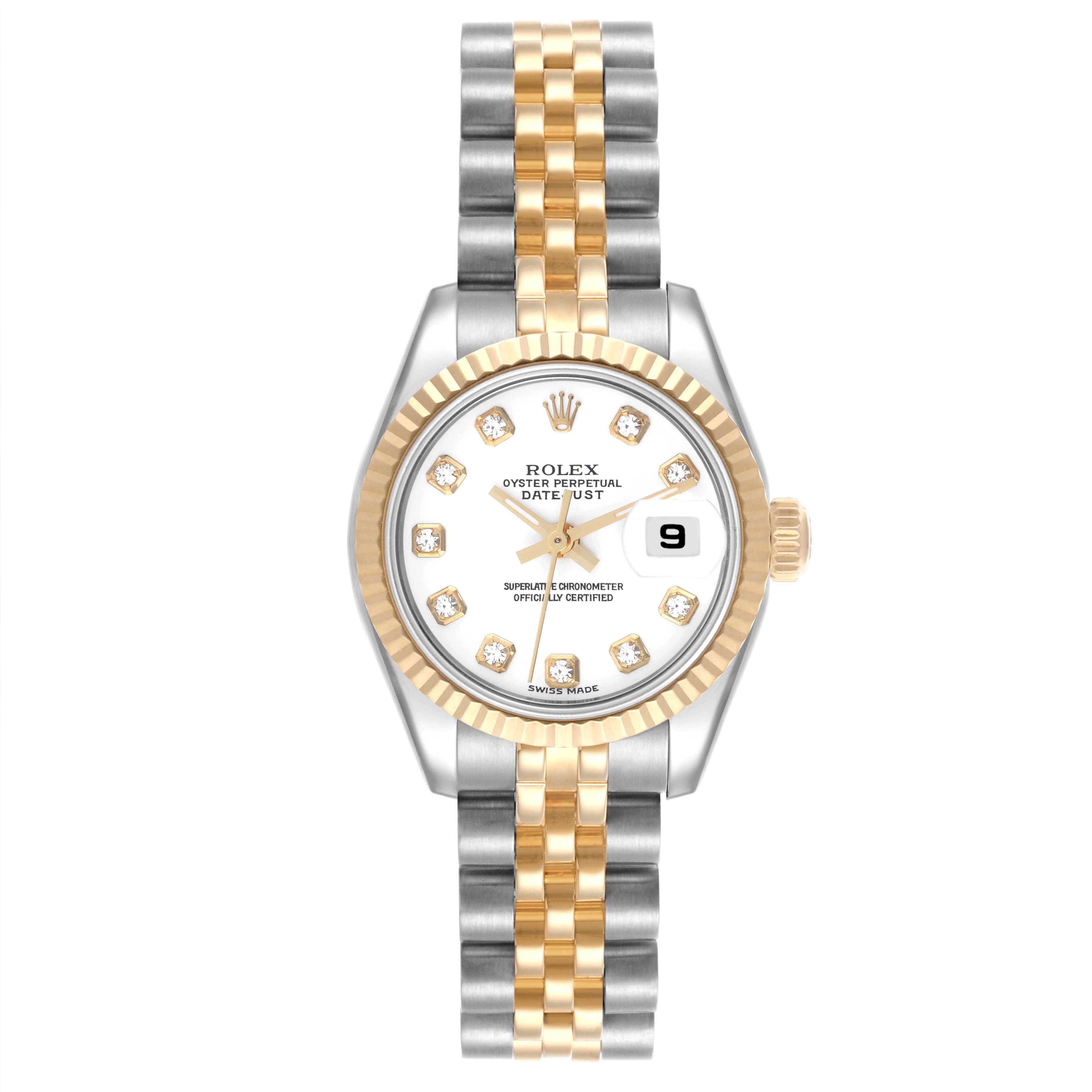 This image shows a front view of the Rolex Datejust 179173 Women's Steel and Gold (two tone) White Dial 179173 Women's Steel and Gold (two tone) White Dial watch, displaying the face, bezel, and bracelet.