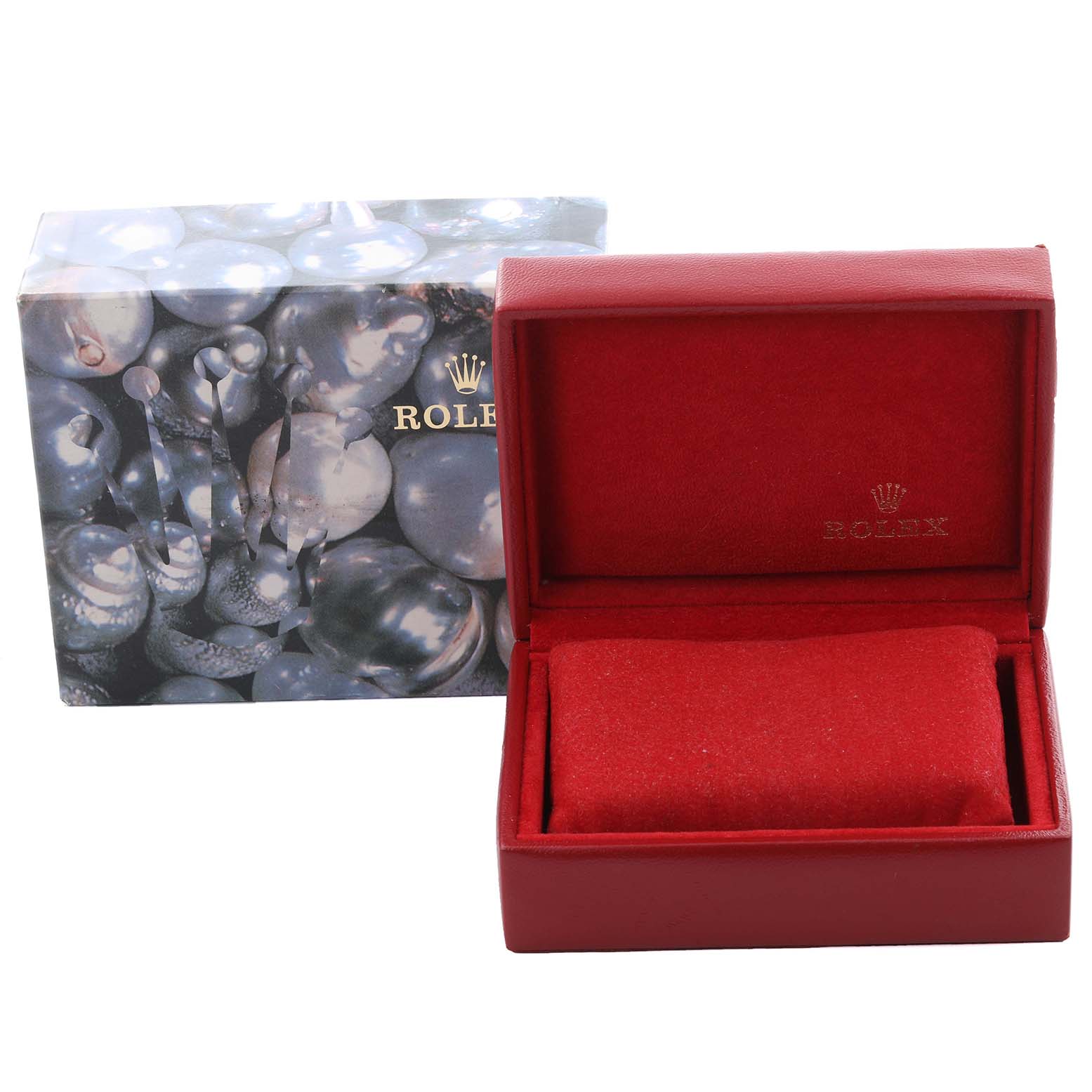 The image shows a Rolex Datejust 179173 Women's Steel and Gold (two tone) White Dial 179173 Women's Steel and Gold (two tone) White Dial box and cushion, seen from the front with the box open and the outer sleeve beside it.