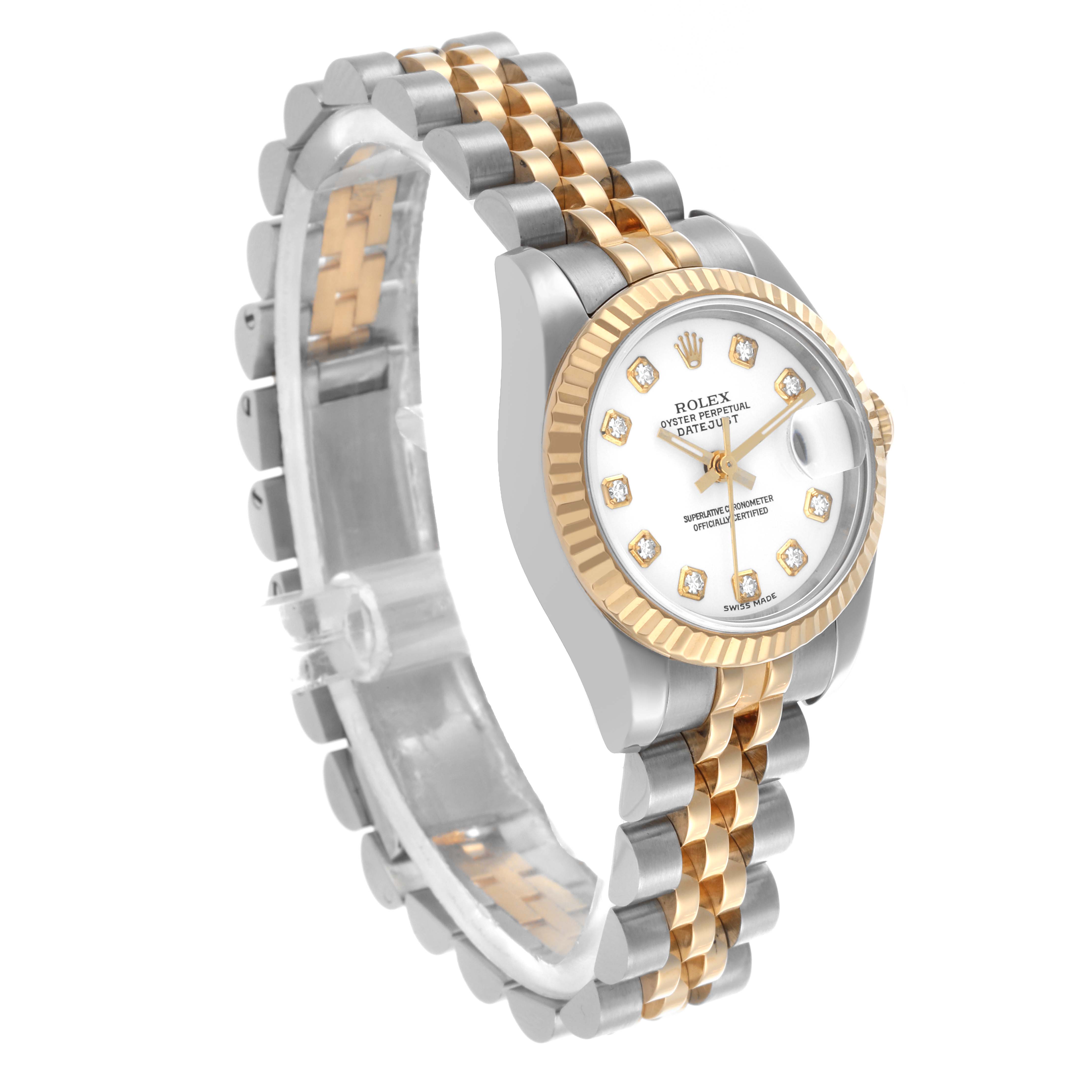 The Rolex Datejust 179173 Women's Steel and Gold (two tone) White Dial 179173 Women's Steel and Gold (two tone) White Dial watch is shown at a three-quarter angle displaying the face, bezel, and two-tone bracelet.