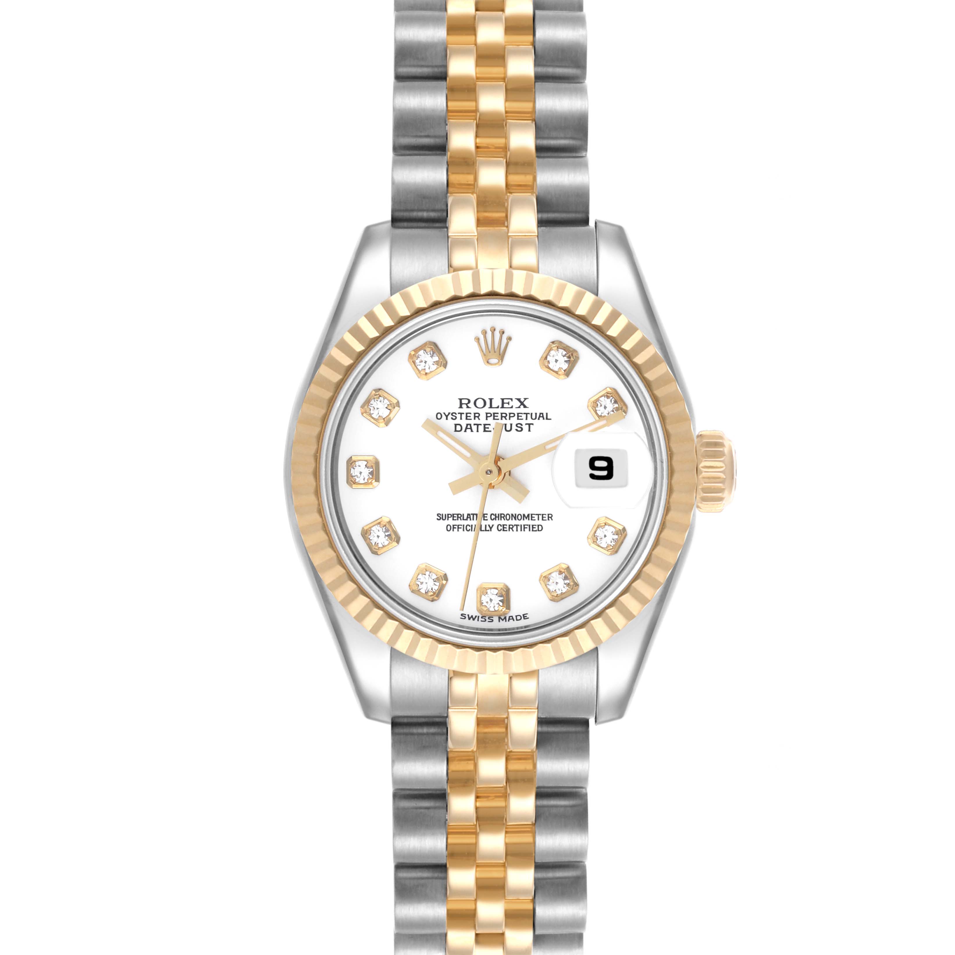 The Rolex Datejust 179173 Women's Steel and Gold (two tone) White Dial 179173 Women's Steel and Gold (two tone) White Dial watch is shown from a top-down angle, displaying the face, bezel, and bracelet.