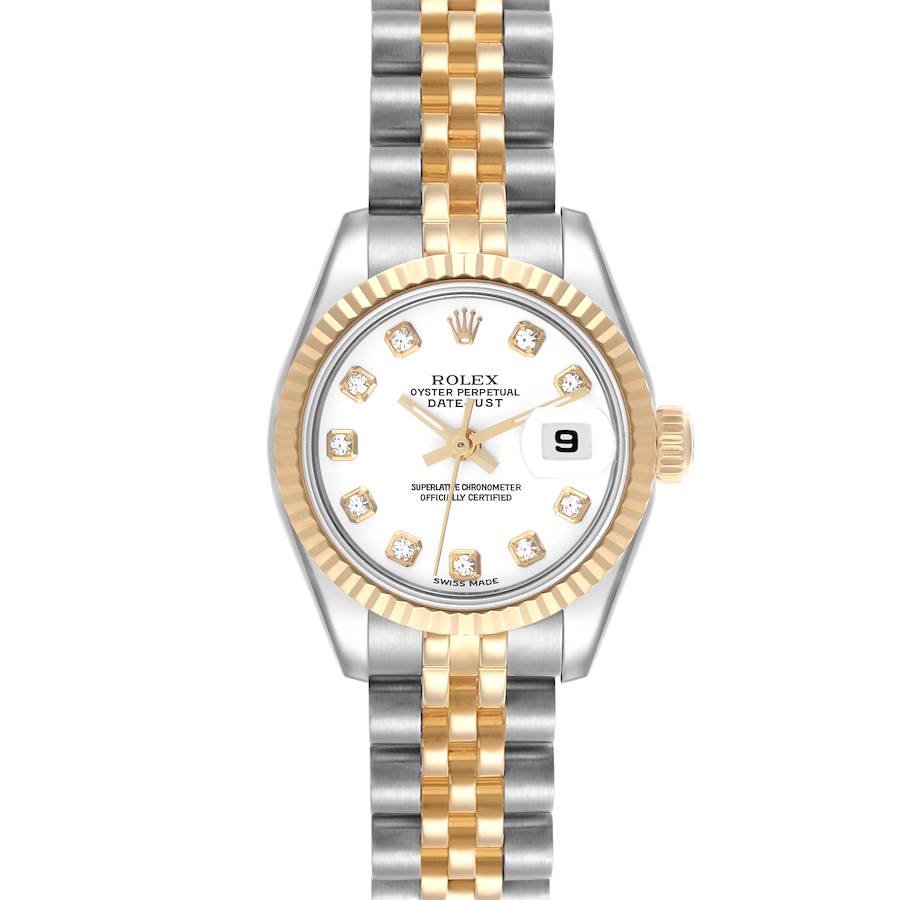 The Rolex Datejust watch is shown from a top-down angle, displaying the face, bezel, and bracelet.