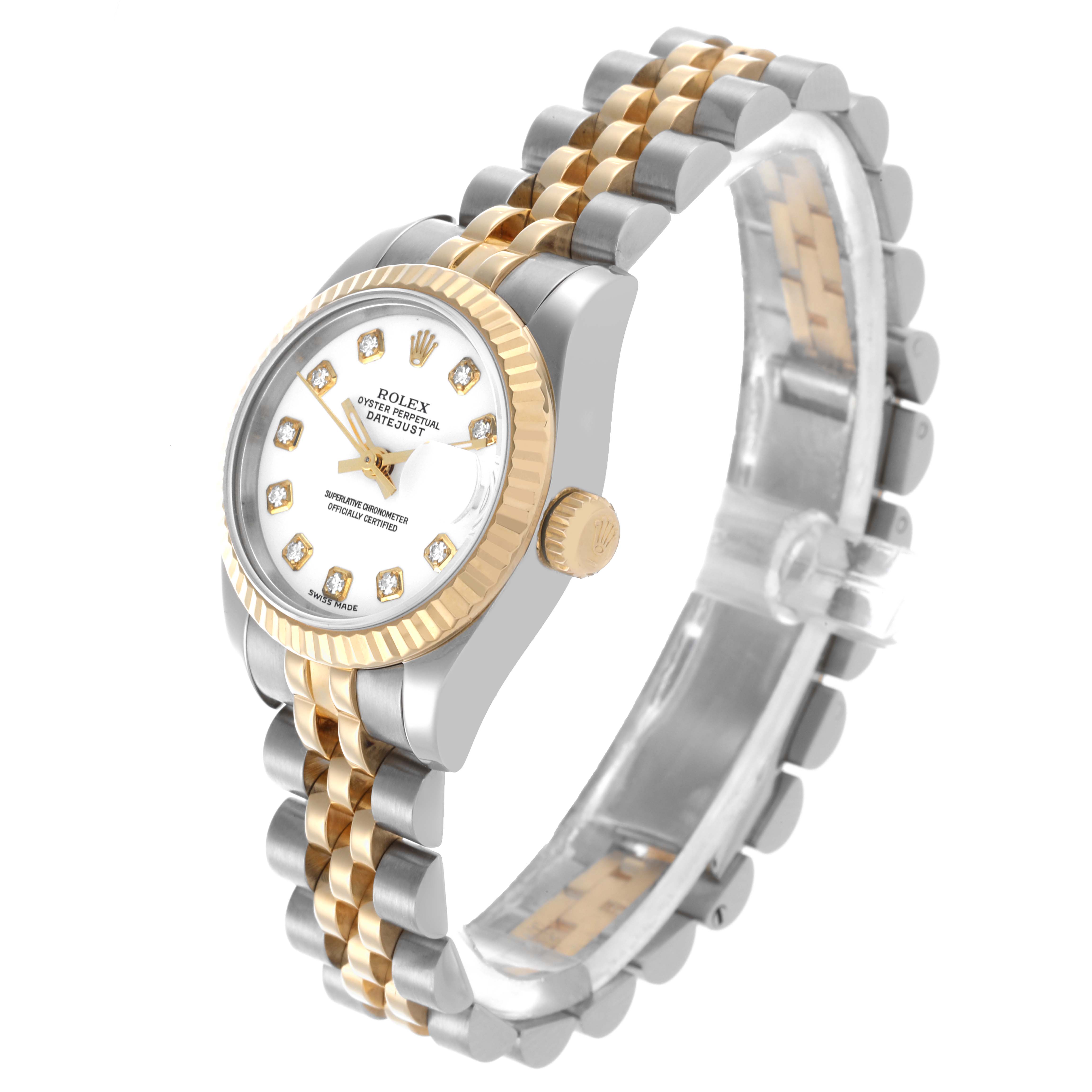 The Rolex Datejust 179173 Women's Steel and Gold (two tone) White Dial 179173 Women's Steel and Gold (two tone) White Dial watch is shown at a three-quarter angle, featuring its dial, bezel, and jubilee bracelet.