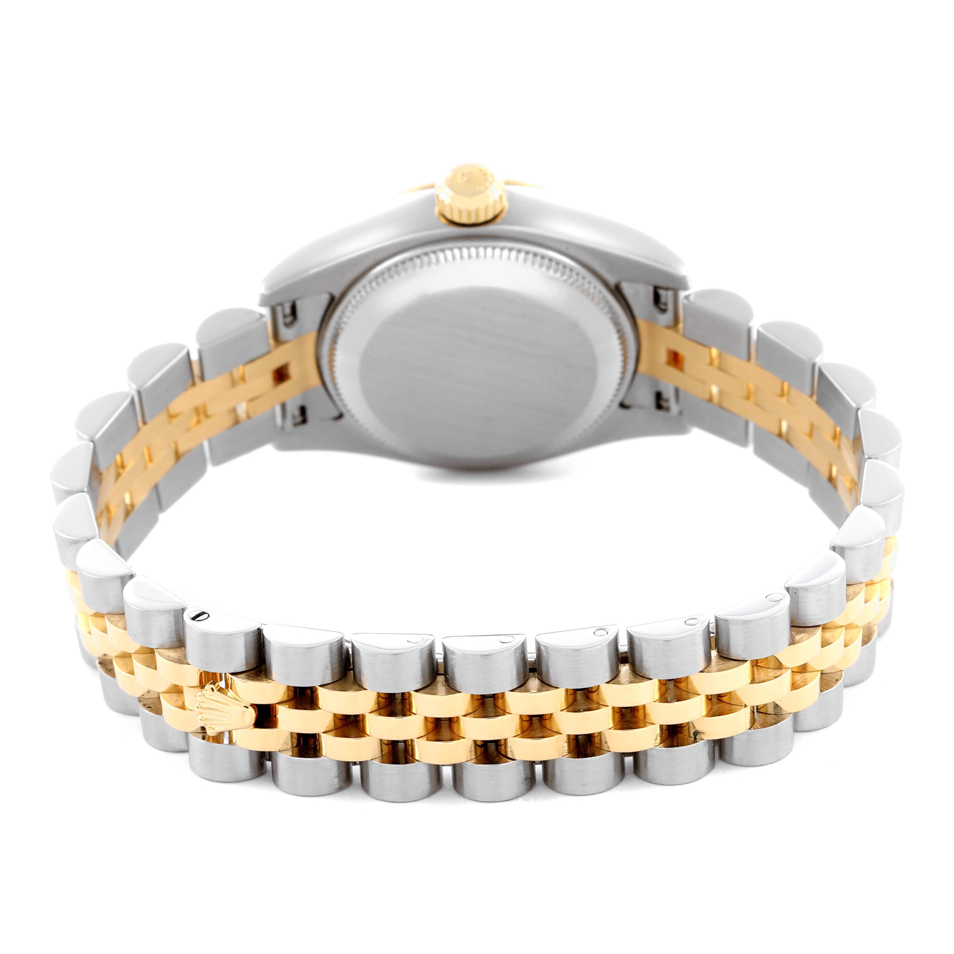 The image shows the back and bracelet of a Rolex Datejust 179173 Women's Steel and Gold (two tone) White Dial 179173 Women's Steel and Gold (two tone) White Dial, highlighting the two-tone metal design.