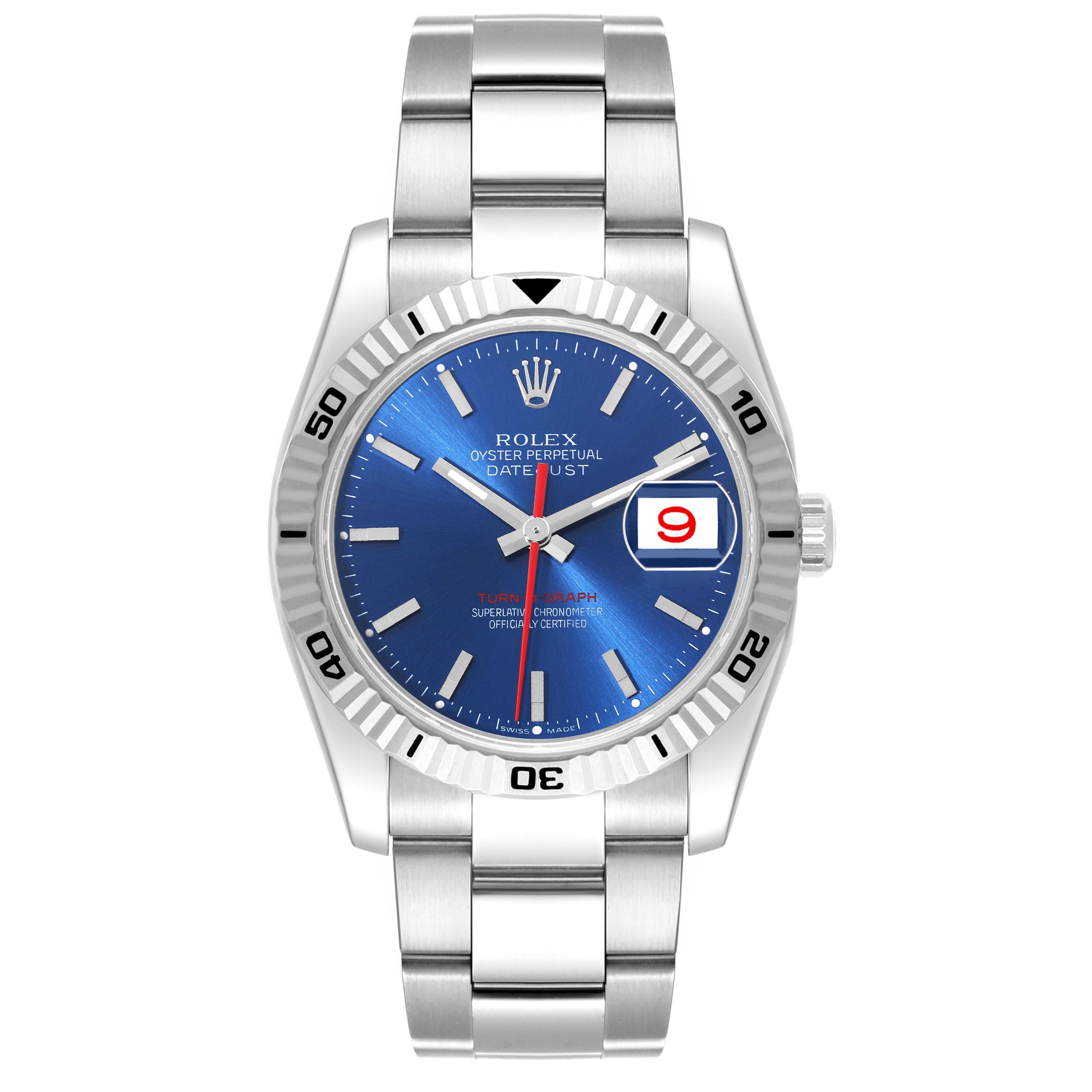 The Rolex Turn-o-Graph 116264 Men's Stainless Steel Blue Dial is shown from a front angle, displaying the blue dial, numbered bezel, date window, and stainless steel bracelet.