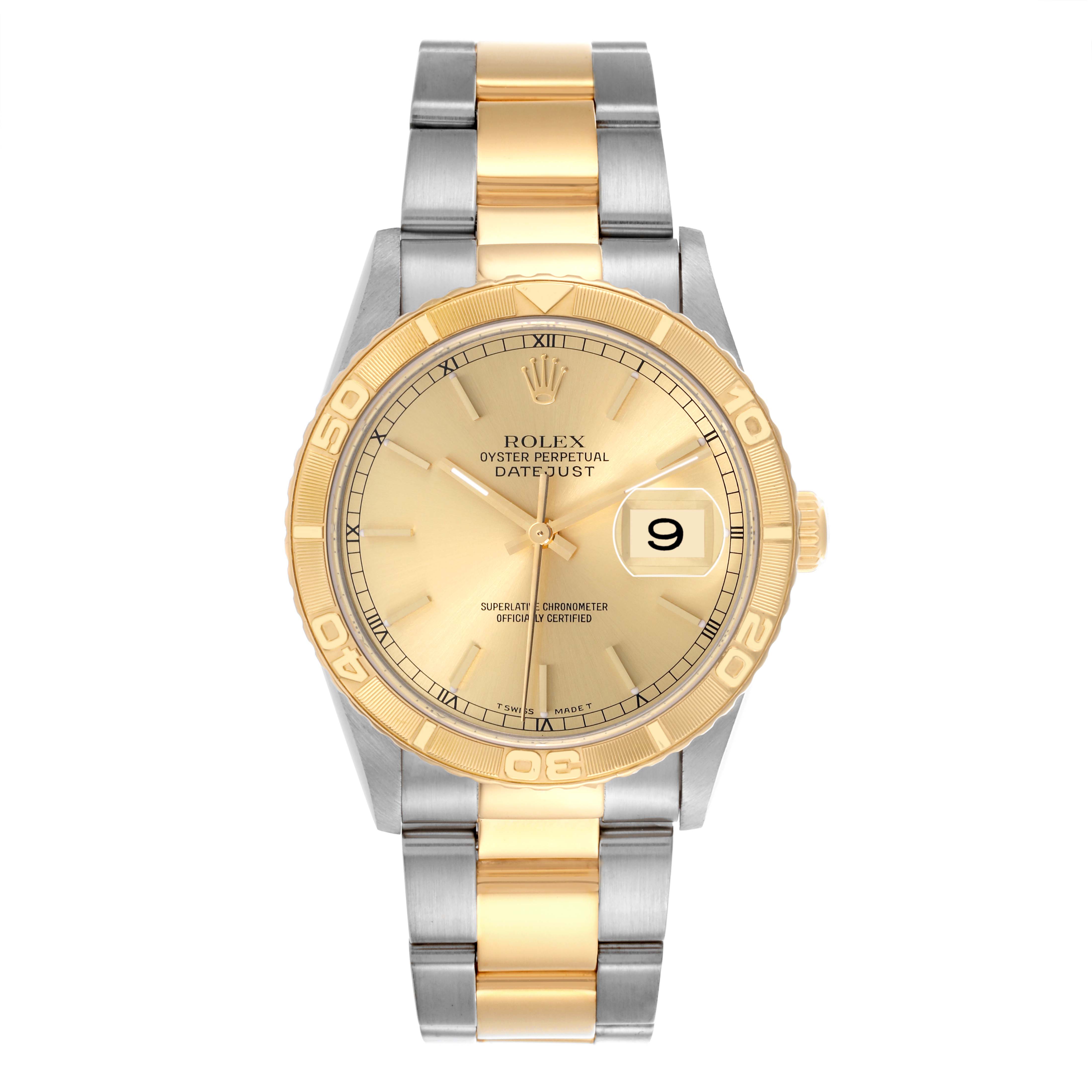 The Rolex Turn-o-Graph 16263 Men's Steel and Gold (two tone) Champagne Dial watch is shown from a front angle, displaying its two-tone bracelet and gold bezel.