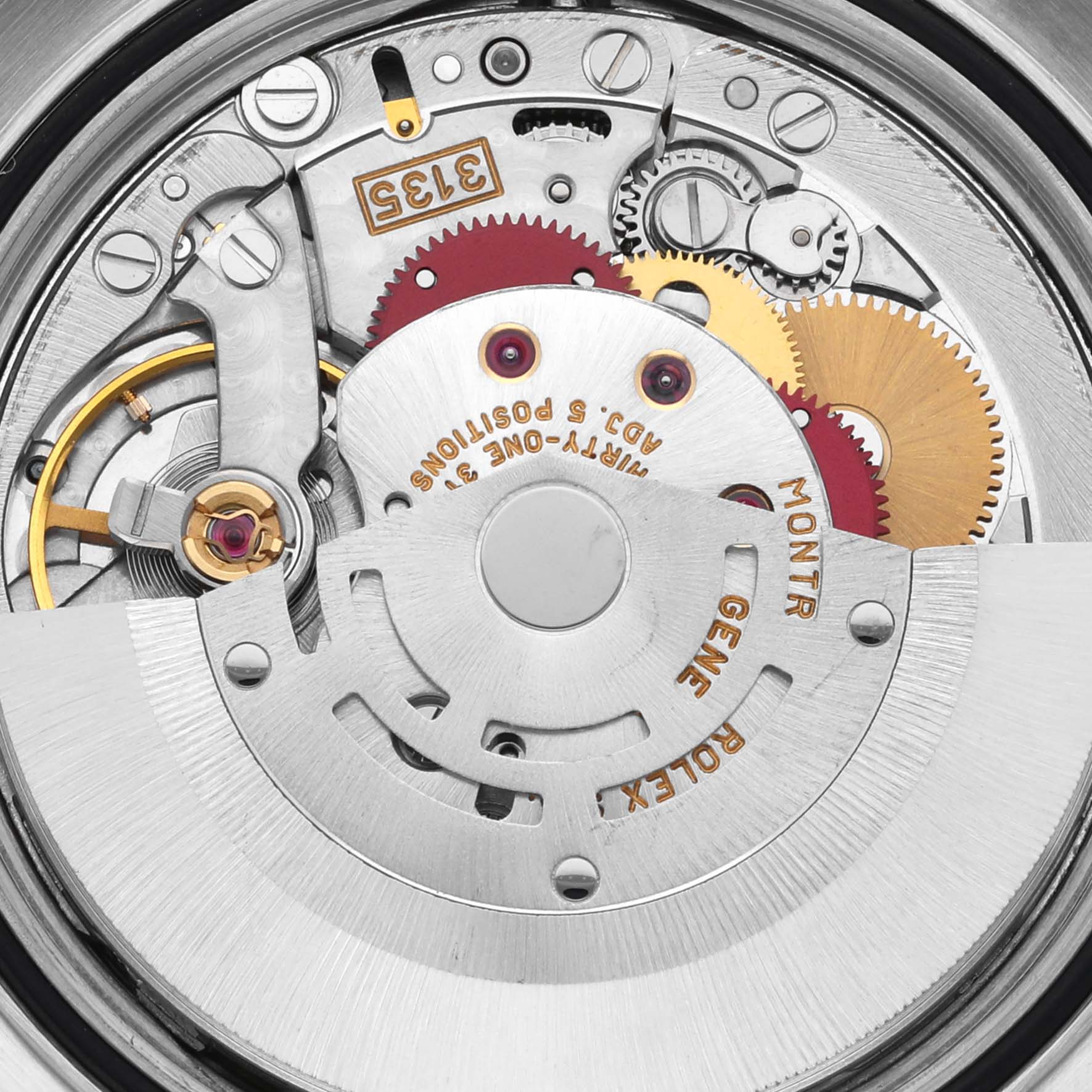 The image shows the internal mechanism of a Rolex Turn-o-Graph 16263 Men's Steel and Gold (two tone) Champagne Dial watch from a top-down angle, highlighting its intricate gears.
