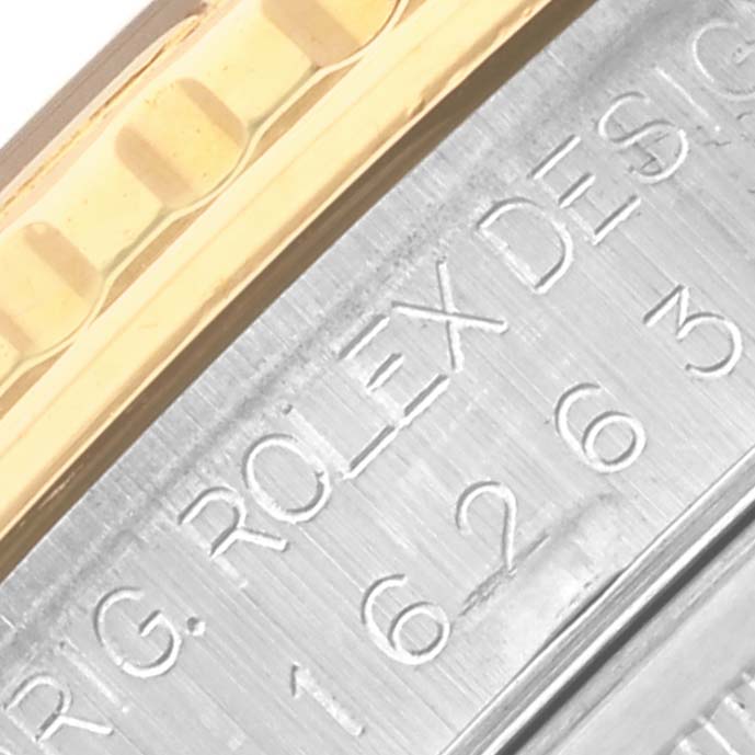 The image shows a close-up of the side of a Rolex Turn-o-Graph 16263 Men's Steel and Gold (two tone) Champagne Dial watch with focus on the engraved model number and part of the band.