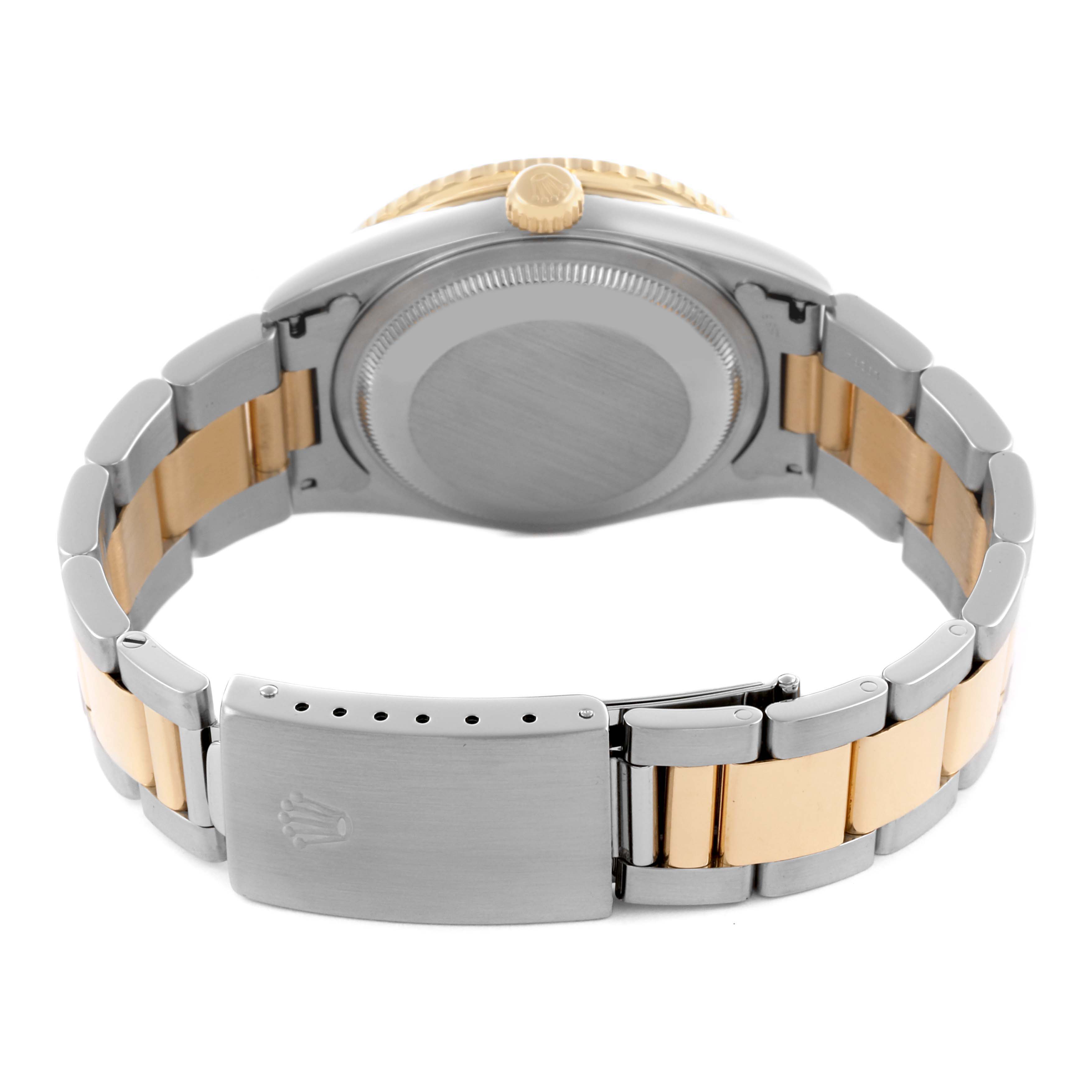 The image shows the back of the Rolex Turn-o-Graph 16263 Men's Steel and Gold (two tone) Champagne Dial, highlighting the bracelet and clasp.