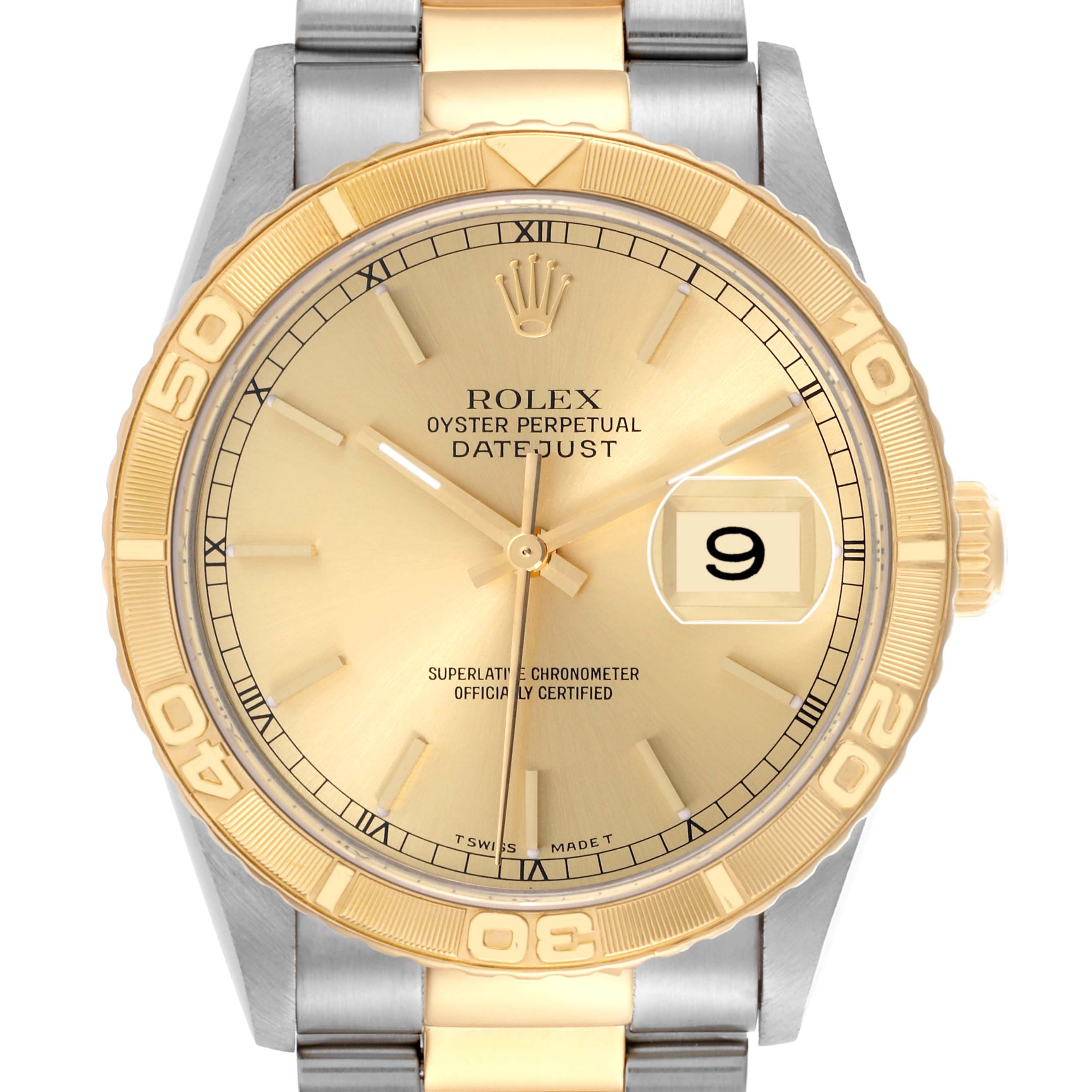 The Rolex Turn-o-Graph 16263 Men's Steel and Gold (two tone) Champagne Dial watch is shown from a front angle, displaying the gold bezel, gold dial, hands, date window, and part of the bracelet.