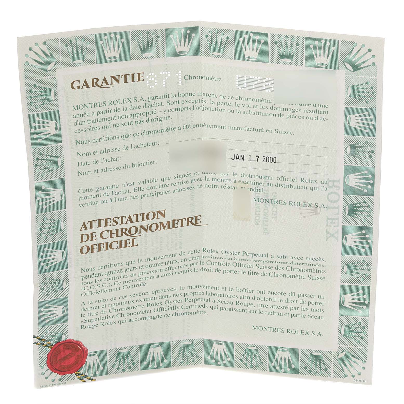 The image shows a warranty and chronometer certificate for the Rolex Turn-o-Graph 16263 Men's Steel and Gold (two tone) Champagne Dial, featuring text and a decorative border.