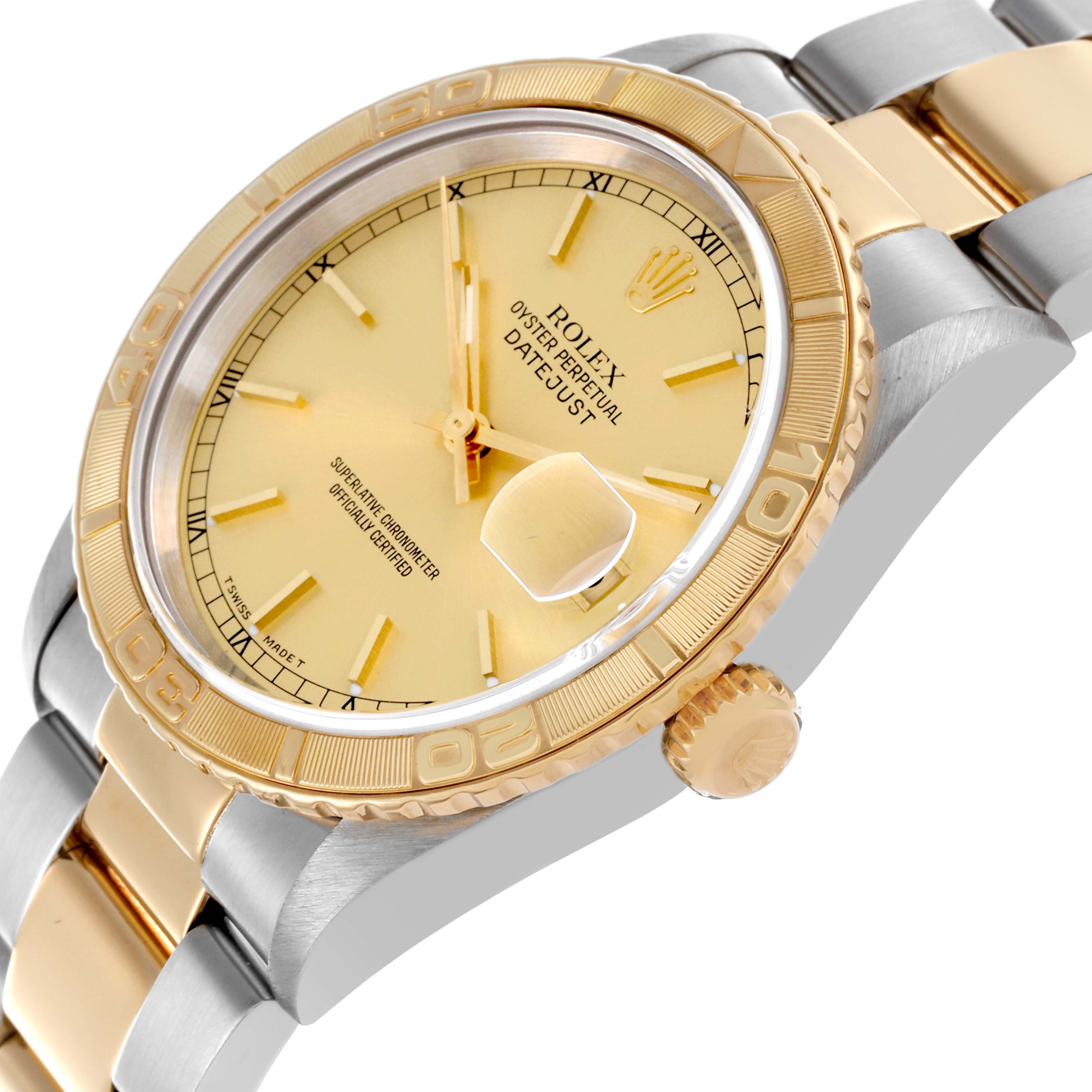 The Rolex Turn-o-Graph 16263 Men's Steel and Gold (two tone) Champagne Dial watch is shown at a tilted angle highlighting the dial, bezel, crown, and part of the bracelet.