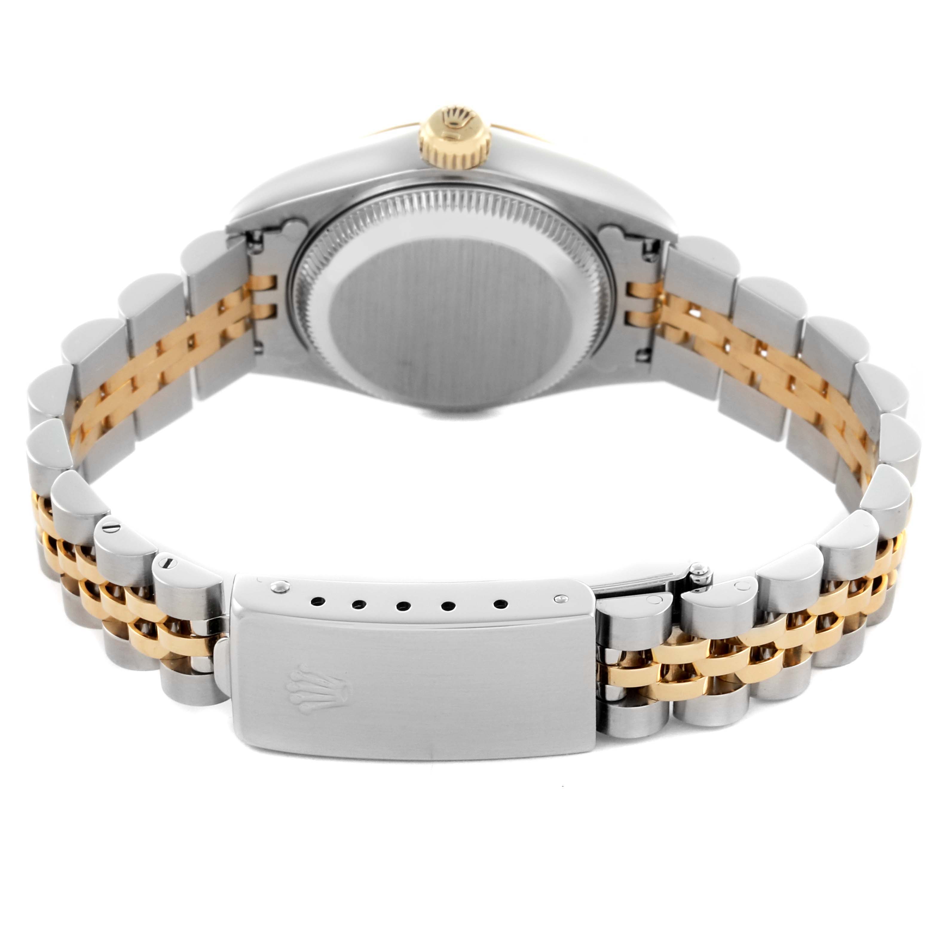 The image shows the backside and clasp of a Rolex Datejust 69173 Women's Steel and Gold (two tone) White Dial 69173 Women's Steel and Gold (two tone) White Dial, highlighting the two-tone bracelet and case back.