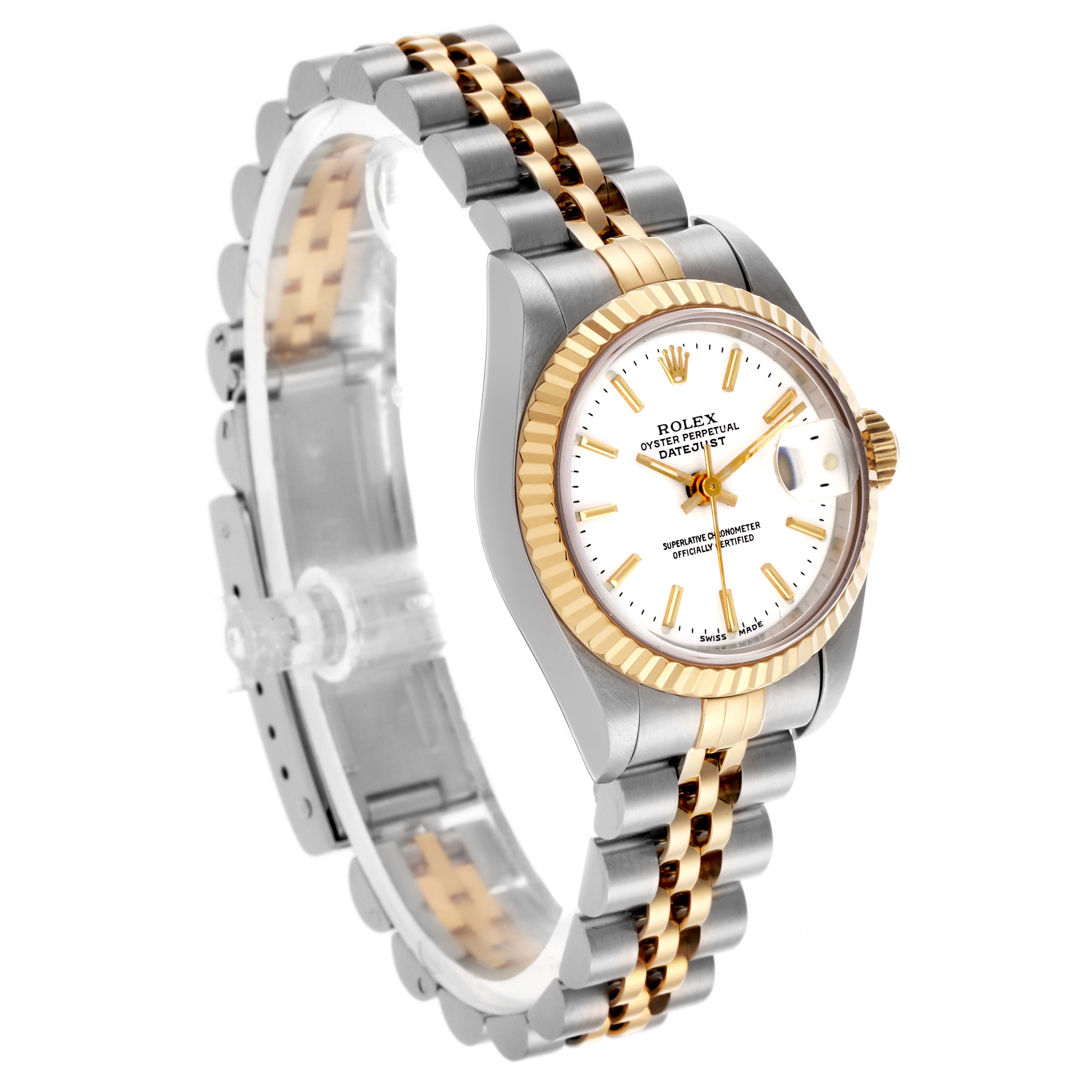 The Rolex Datejust 69173 Women's Steel and Gold (two tone) White Dial 69173 Women's Steel and Gold (two tone) White Dial watch is shown at a three-quarter angle, displaying the bezel, dial, crown, and two-tone bracelet.