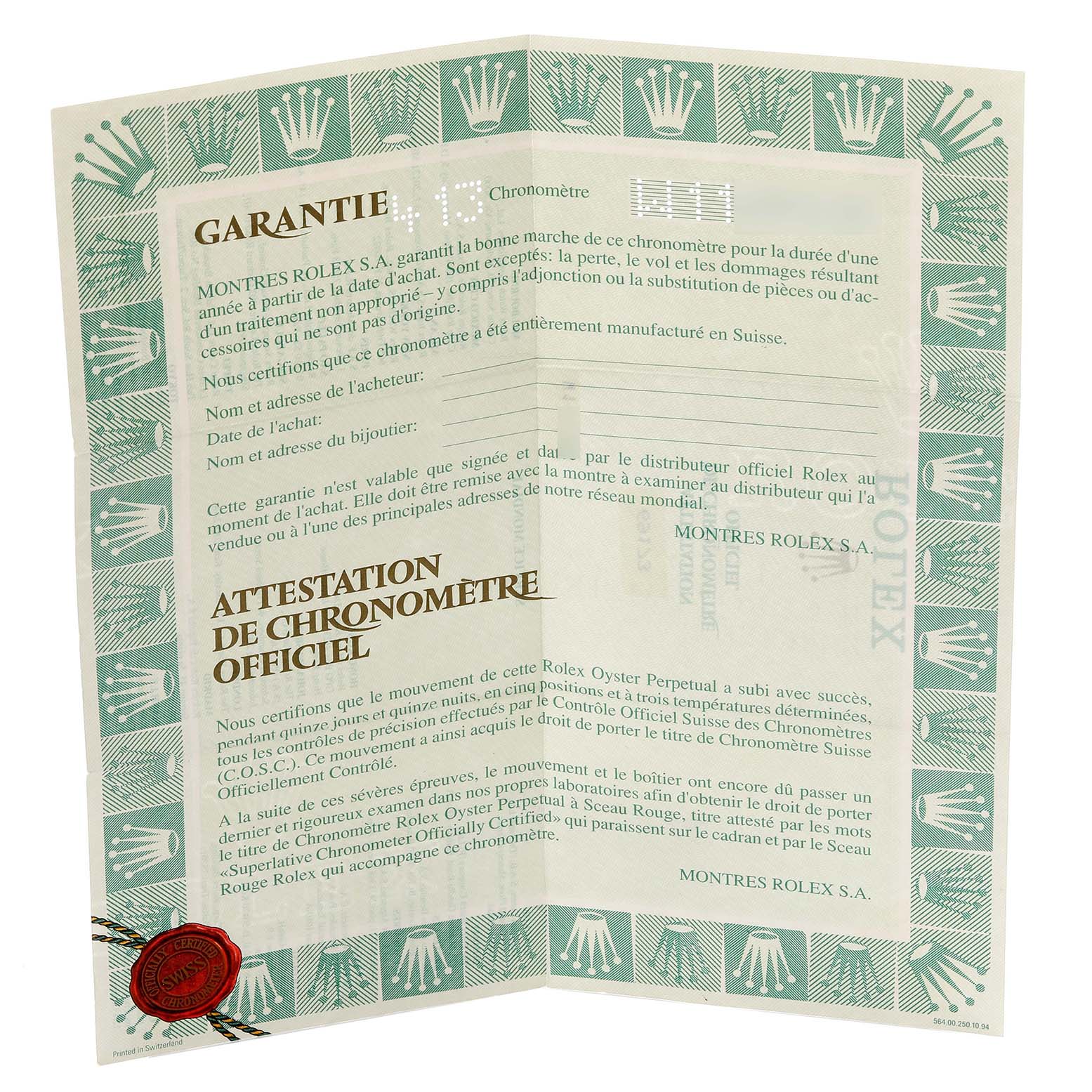 The image shows a Rolex Datejust 69173 Women's Steel and Gold (two tone) White Dial 69173 Women's Steel and Gold (two tone) White Dial warranty certificate, featuring text and the Rolex logo.