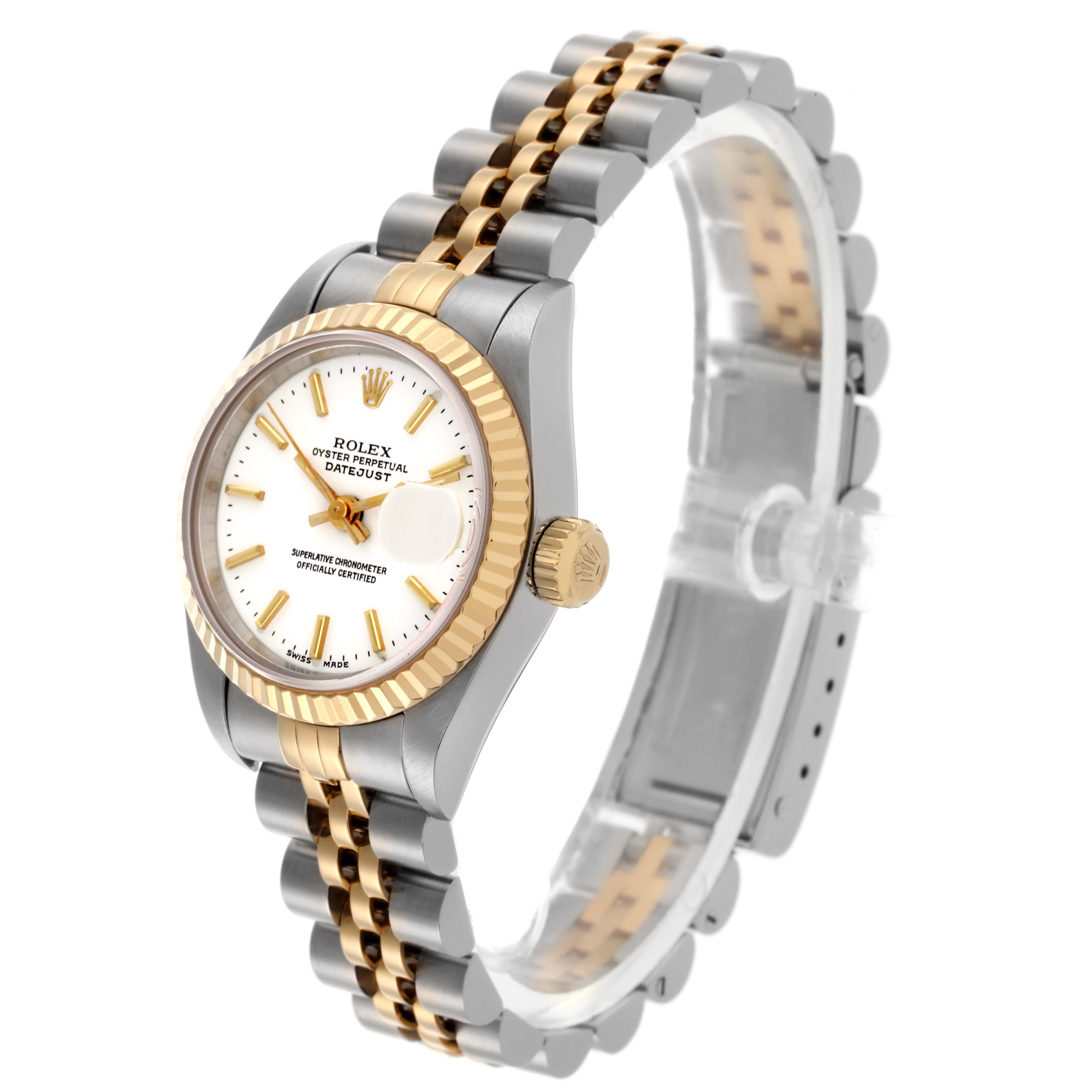 The Rolex Datejust 69173 Women's Steel and Gold (two tone) White Dial 69173 Women's Steel and Gold (two tone) White Dial watch is shown from a side angle, highlighting the bezel, dial, and two-tone bracelet.