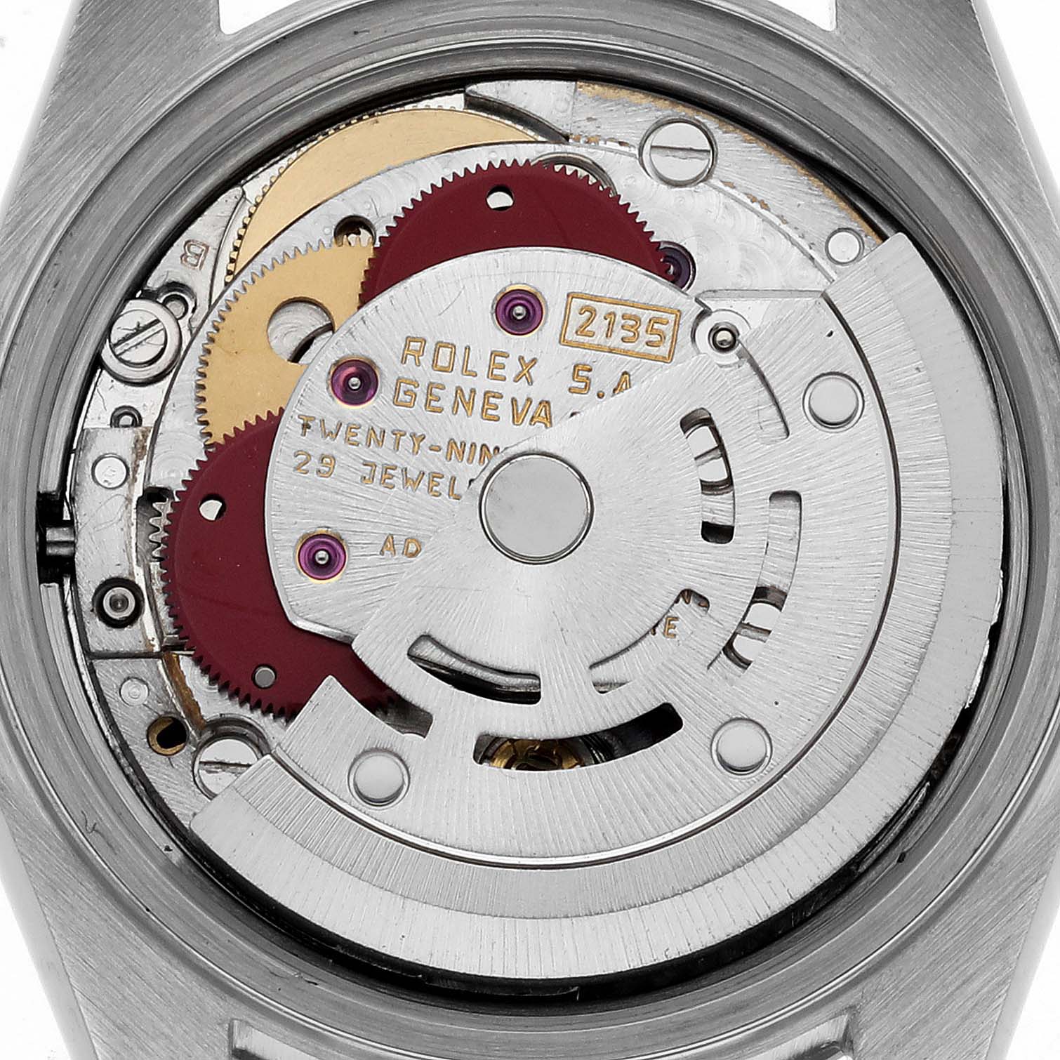 The image shows the internal movement of a Rolex Datejust 69173 Women's Steel and Gold (two tone) White Dial 69173 Women's Steel and Gold (two tone) White Dial watch from a back angle.