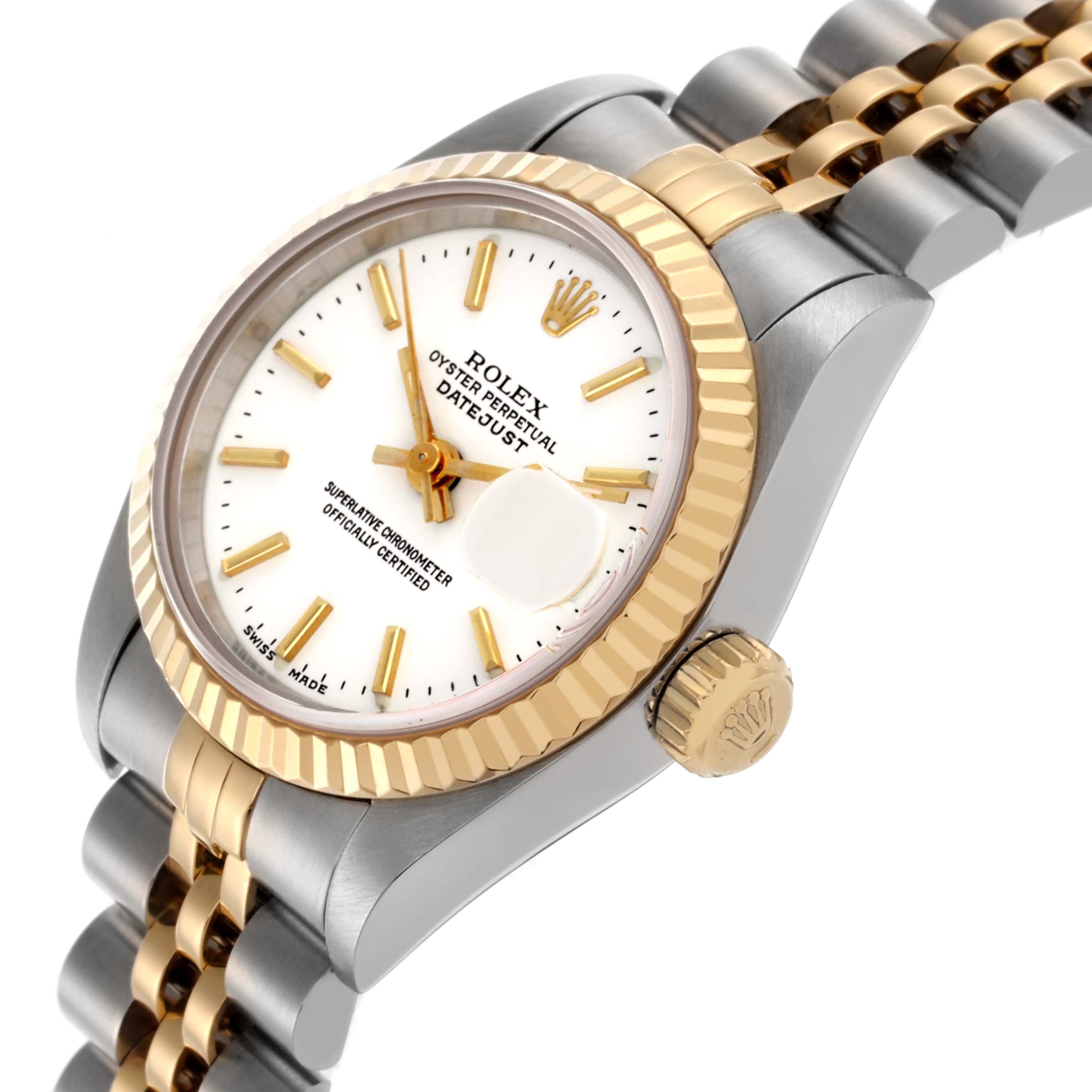 The image shows a Rolex Datejust 69173 Women's Steel and Gold (two tone) White Dial 69173 Women's Steel and Gold (two tone) White Dial watch from an angled side view, highlighting the bezel, crown, and part of the bracelet.
