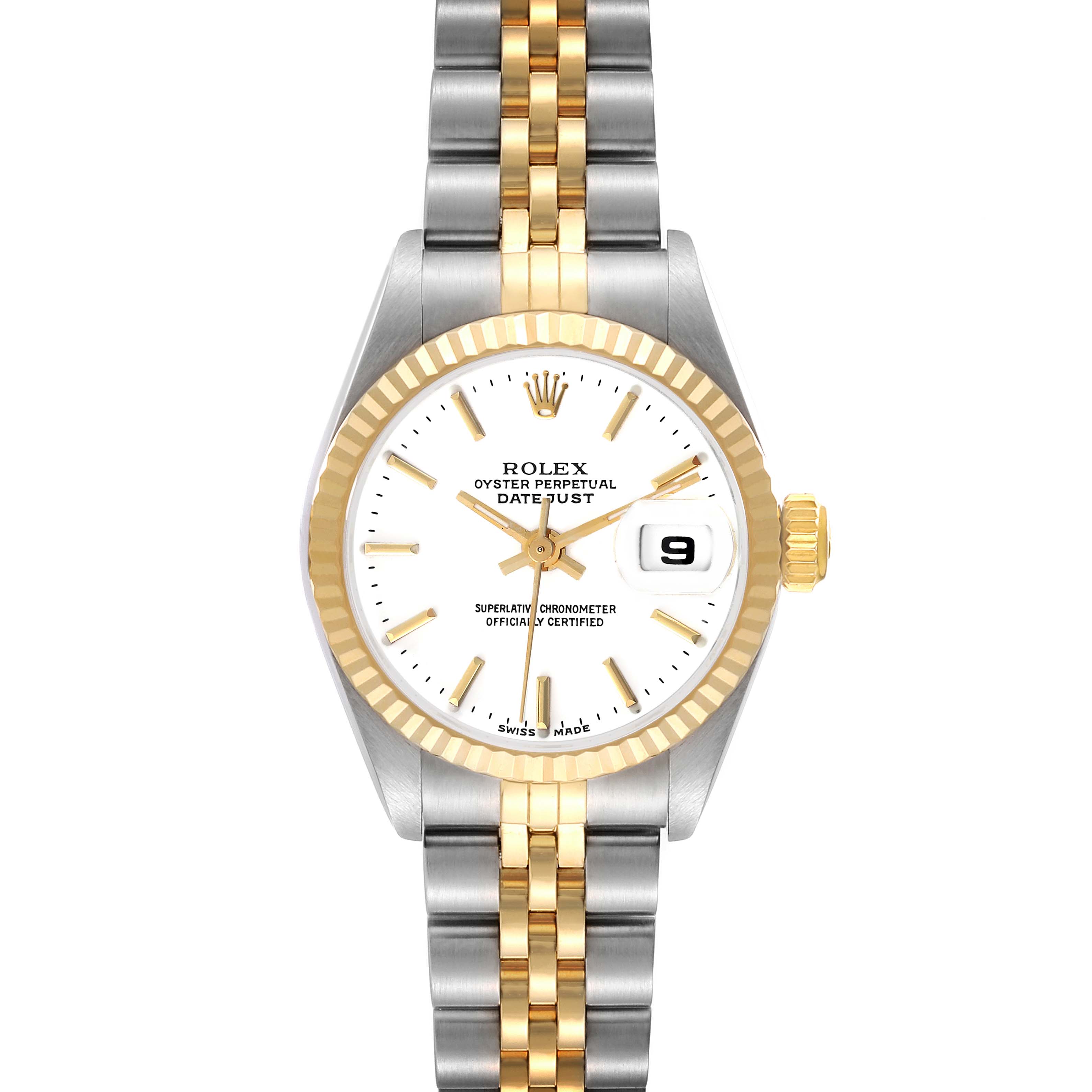 The Rolex Datejust 69173 Women's Steel and Gold (two tone) White Dial 69173 Women's Steel and Gold (two tone) White Dial watch is shown from the front, featuring its face, bezel, crown, and bracelet.