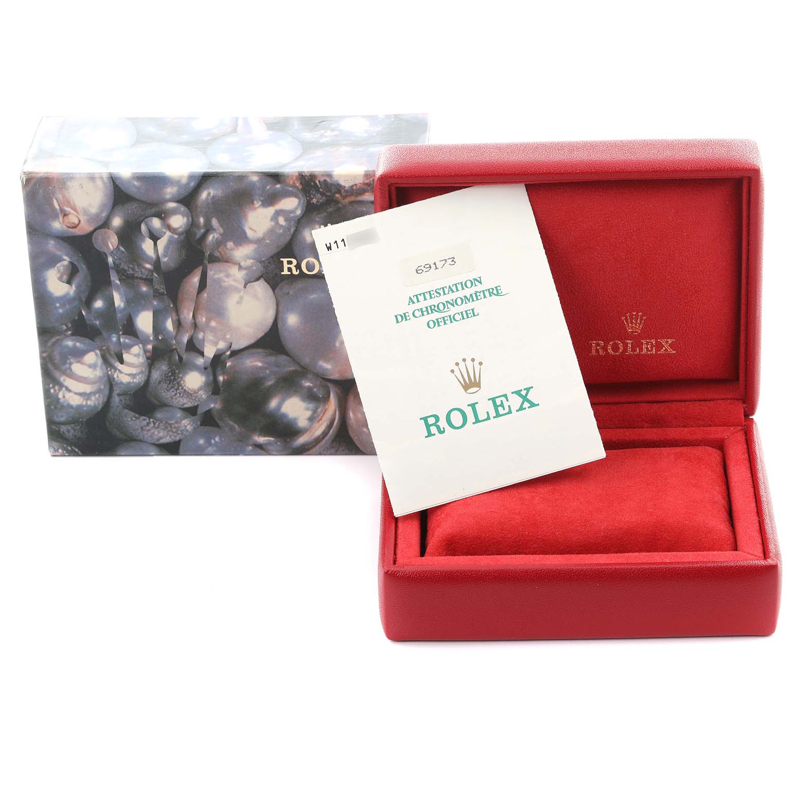 The image shows a Rolex Datejust 69173 Women's Steel and Gold (two tone) White Dial 69173 Women's Steel and Gold (two tone) White Dial box, open with paperwork displayed, viewed from the front.