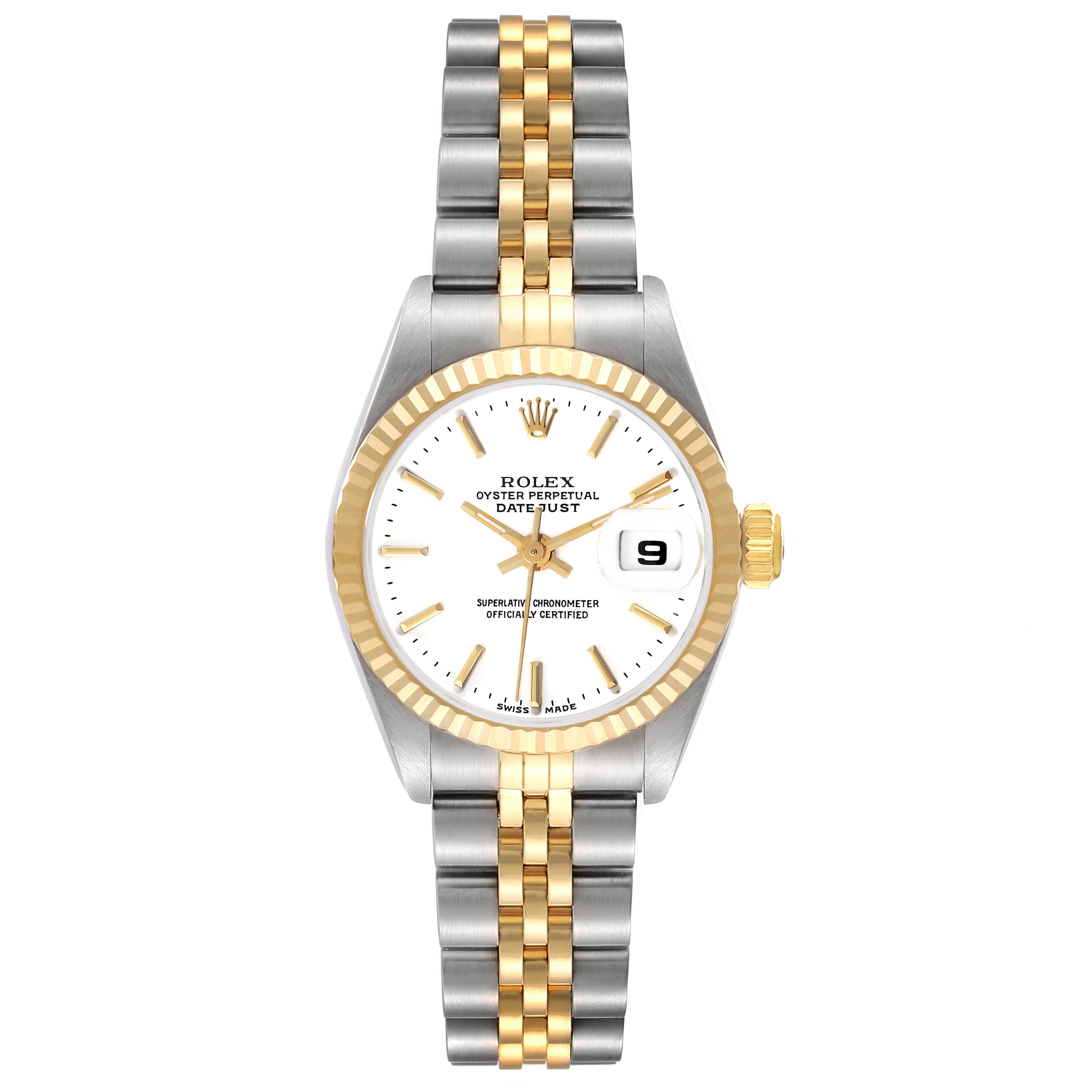 The Rolex Datejust 69173 Women's Steel and Gold (two tone) White Dial 69173 Women's Steel and Gold (two tone) White Dial watch is shown from a front angle, displaying the face, bezel, and two-tone bracelet.