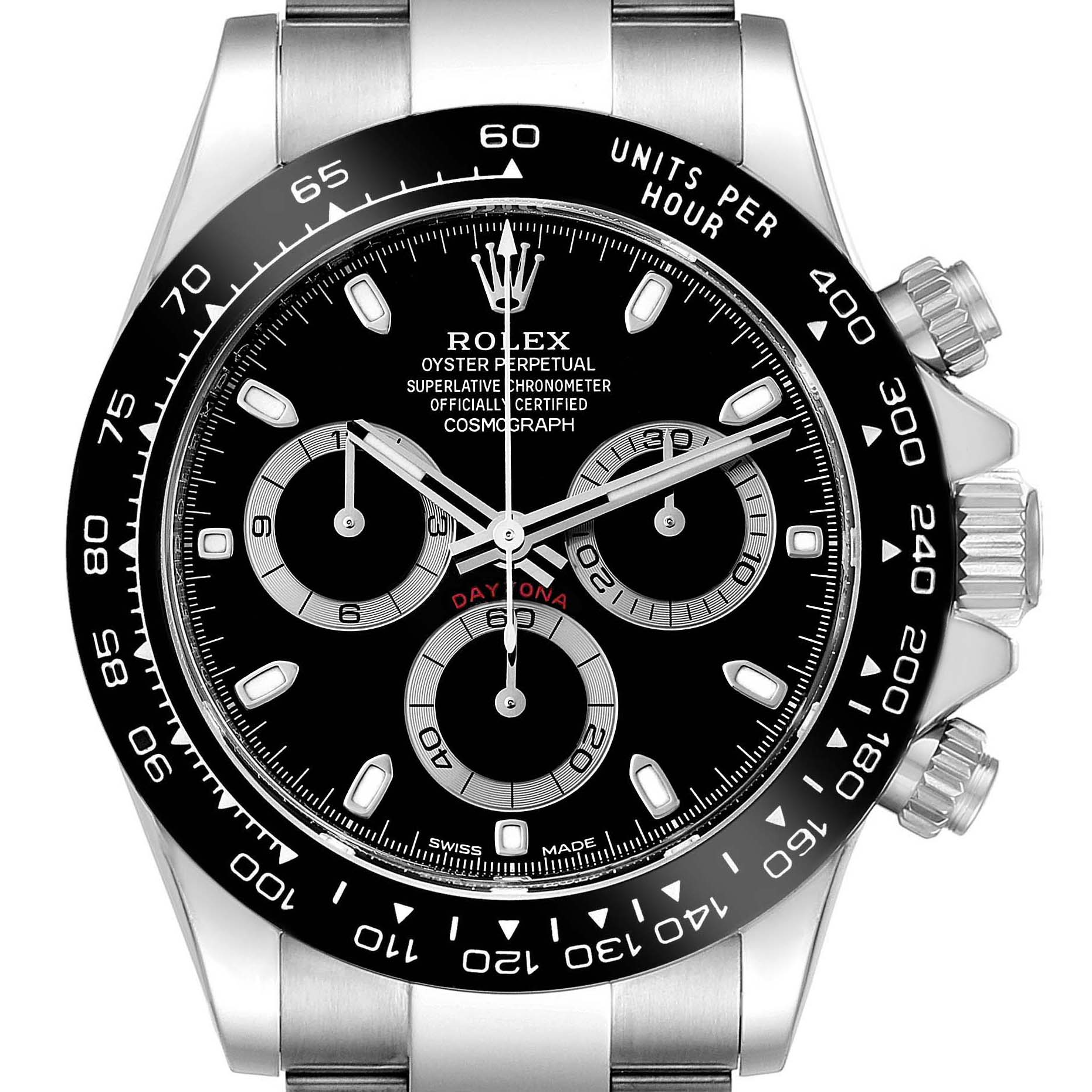 The image shows the face and bezel of a Rolex Daytona 116500 Men's Stainless Steel Black Dial 116500 Men's Stainless Steel Black Dial watch with a black dial and three subdials.
