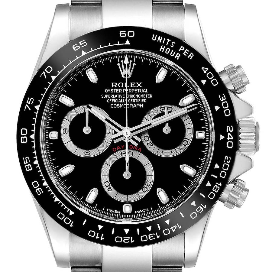 The image shows the face and bezel of a Rolex Daytona watch with a black dial and three subdials.