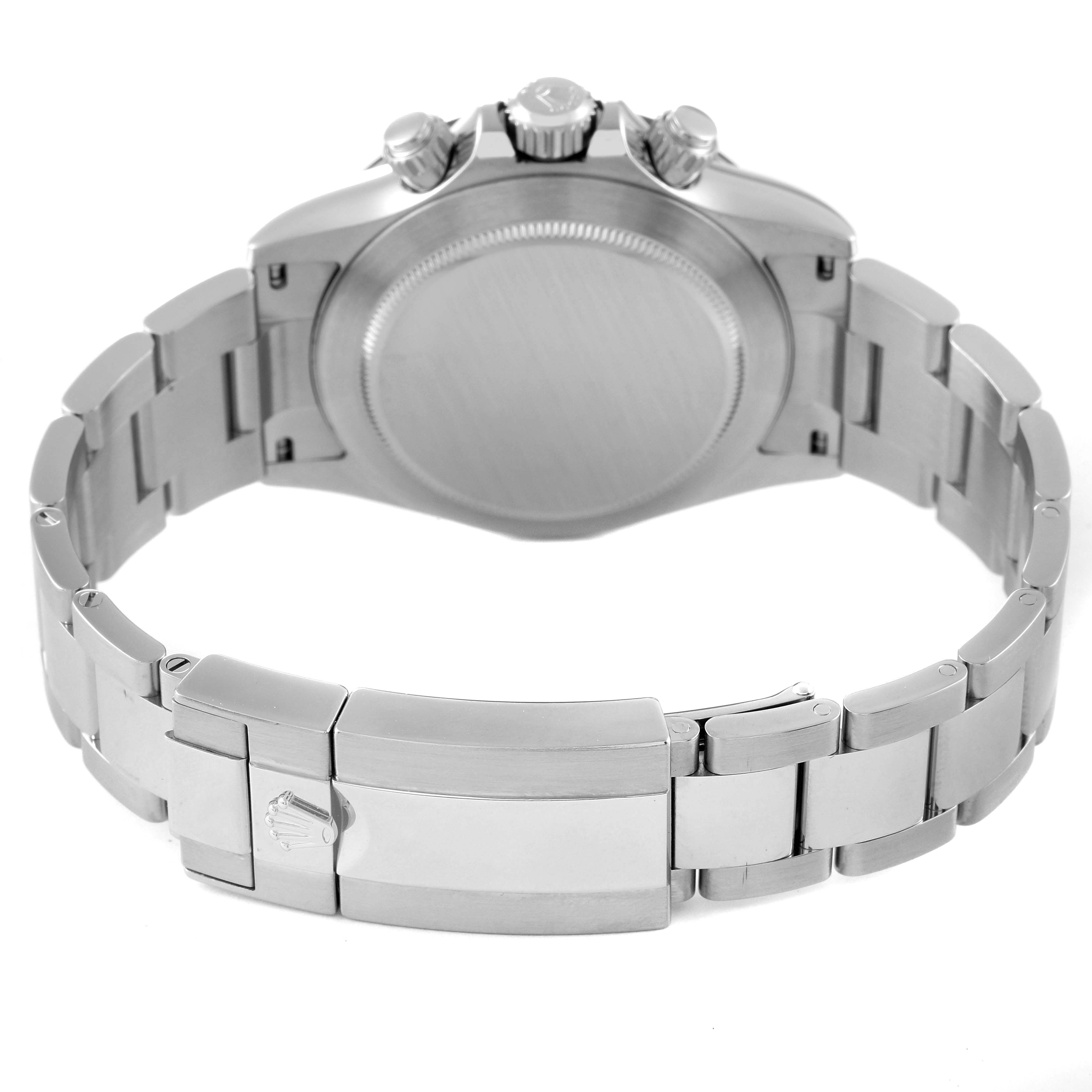 This image shows the back view of a Rolex Daytona 116500 Men's Stainless Steel Black Dial 116500 Men's Stainless Steel Black Dial watch, highlighting the case back, bracelet, and clasp.