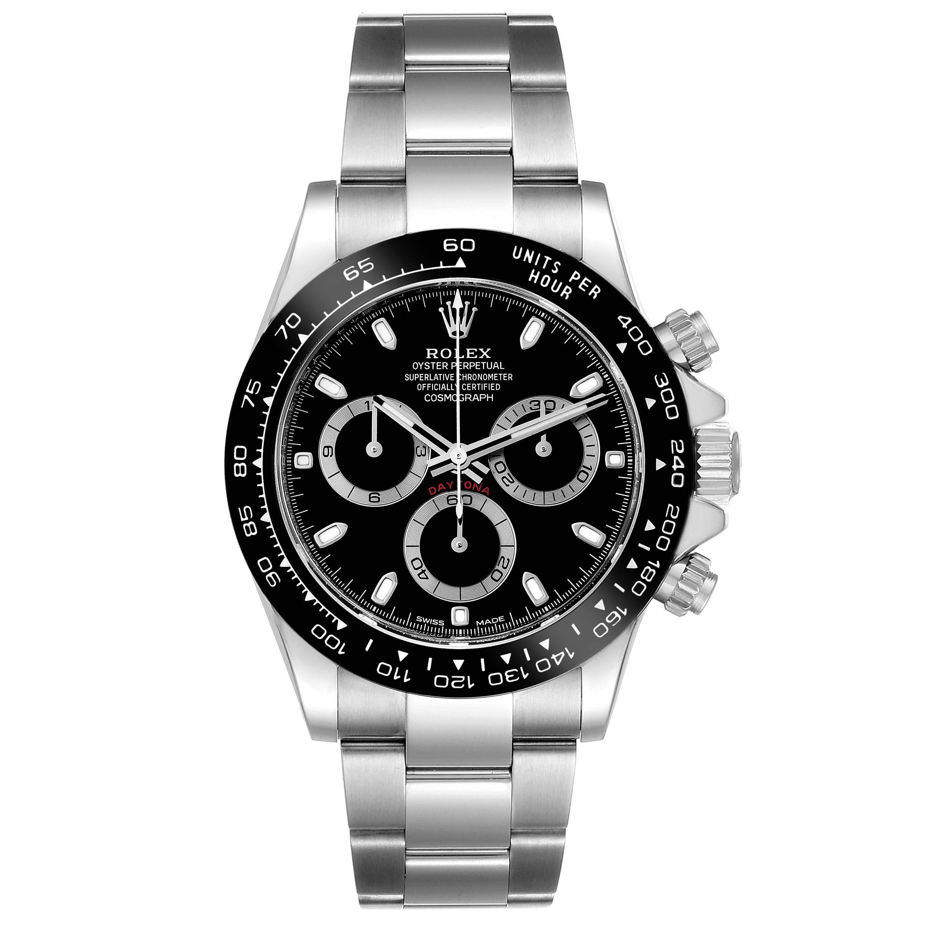 The image shows a front view of the Rolex Daytona 116500 Men's Stainless Steel Black Dial 116500 Men's Stainless Steel Black Dial watch, highlighting its black dial, chronograph subdials, and stainless steel bracelet.
