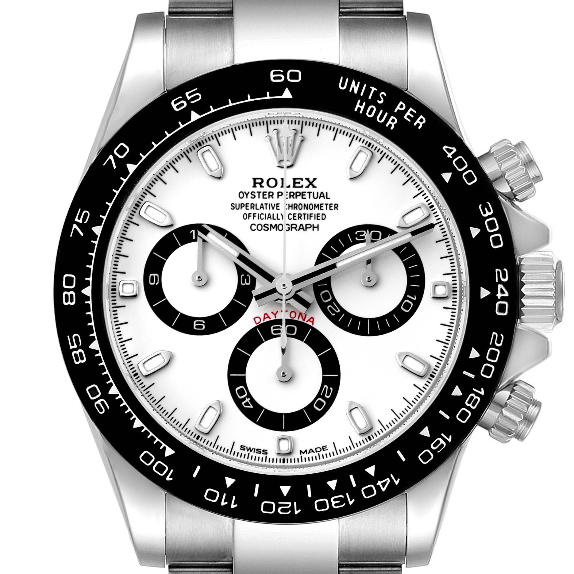 This image shows a front view of the Rolex Daytona 116500 Men's Stainless Steel White Dial 116500 Men's Stainless Steel White Dial watch, highlighting the dial, tachymeter bezel, and chronograph sub-dials.