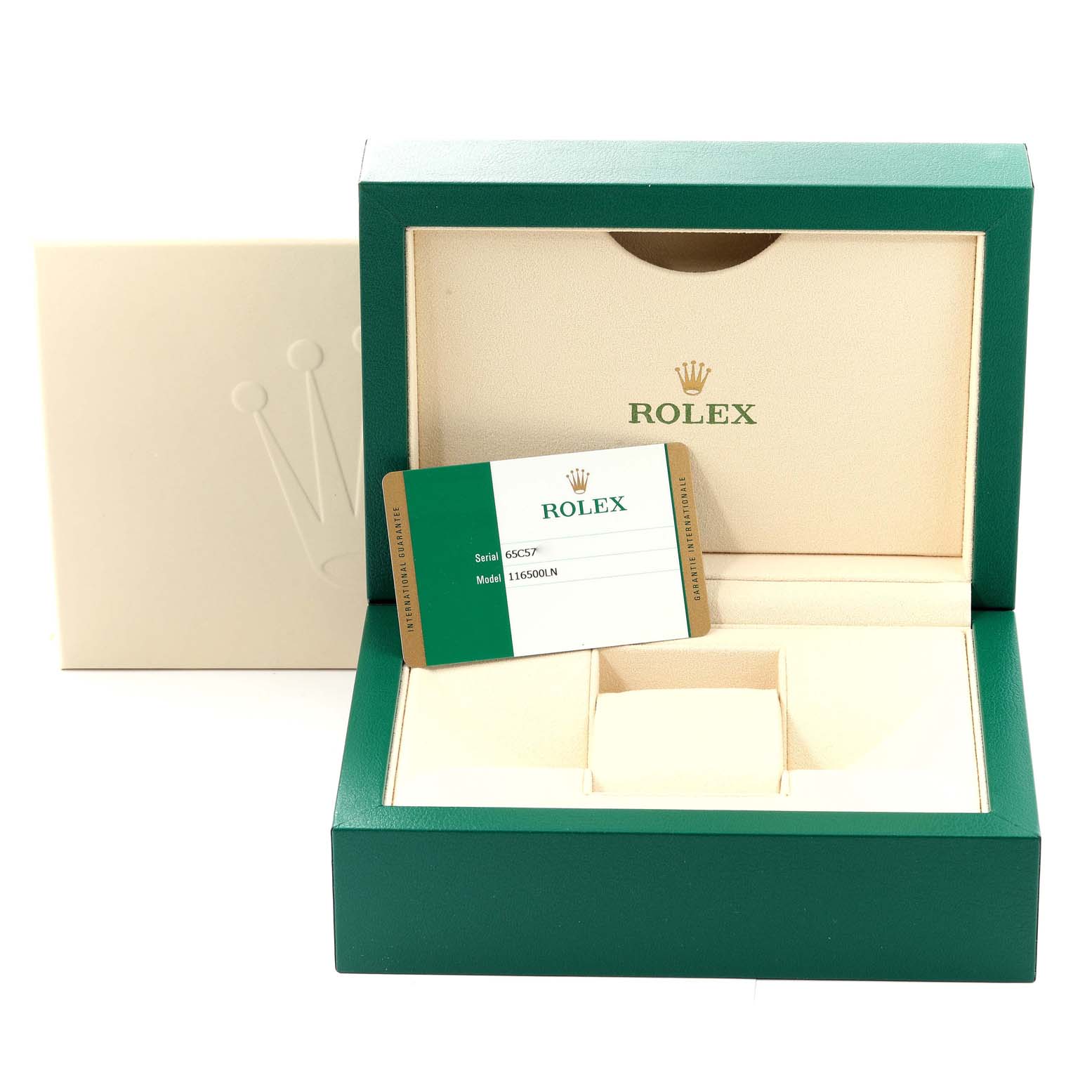 The image shows a Rolex Daytona 116500 Men's Stainless Steel White Dial 116500 Men's Stainless Steel White Dial model watch box and an authenticity card at a front-facing angle.