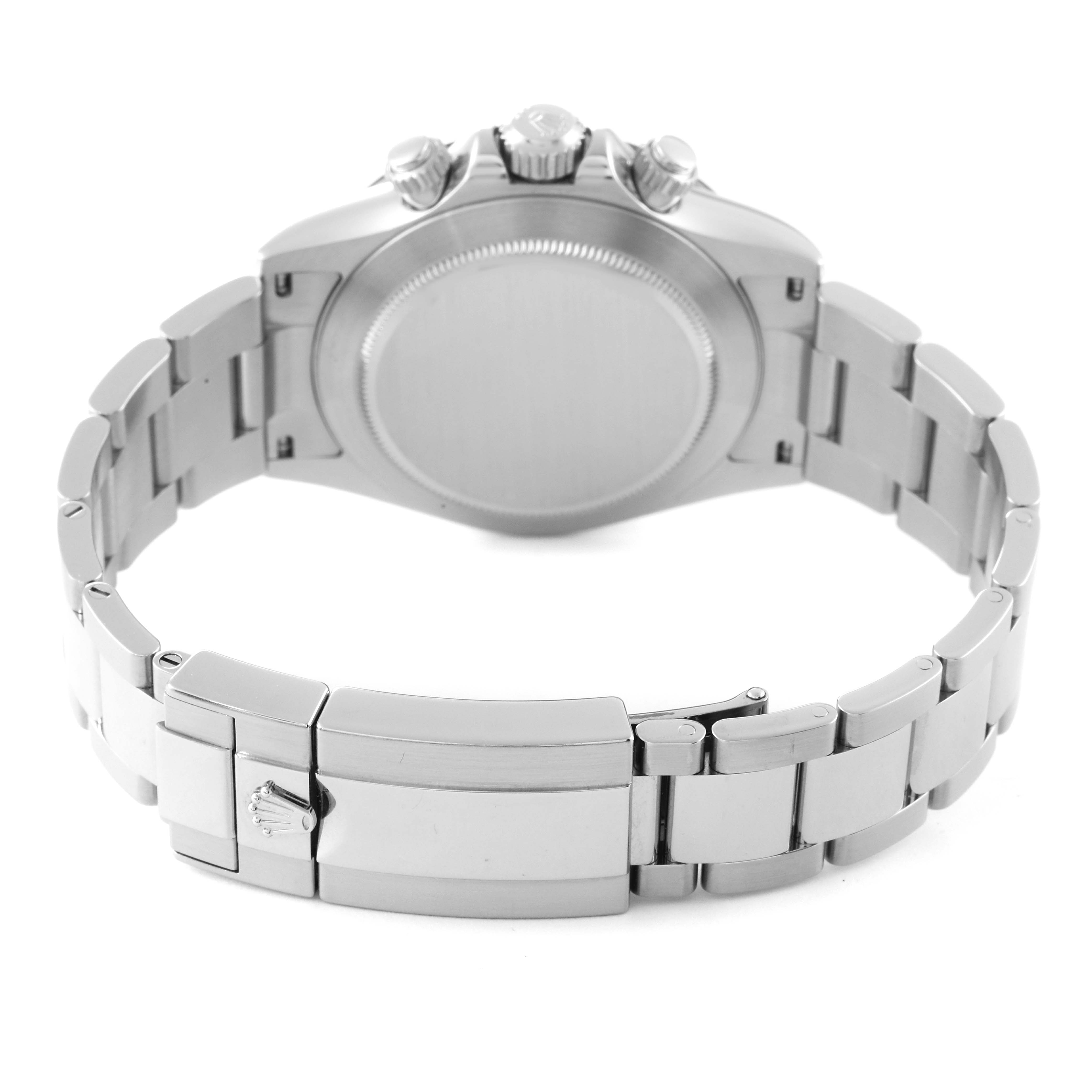 This image shows the back view of a Rolex Daytona 116500 Men's Stainless Steel White Dial 116500 Men's Stainless Steel White Dial watch, highlighting the clasp and part of the bracelet.