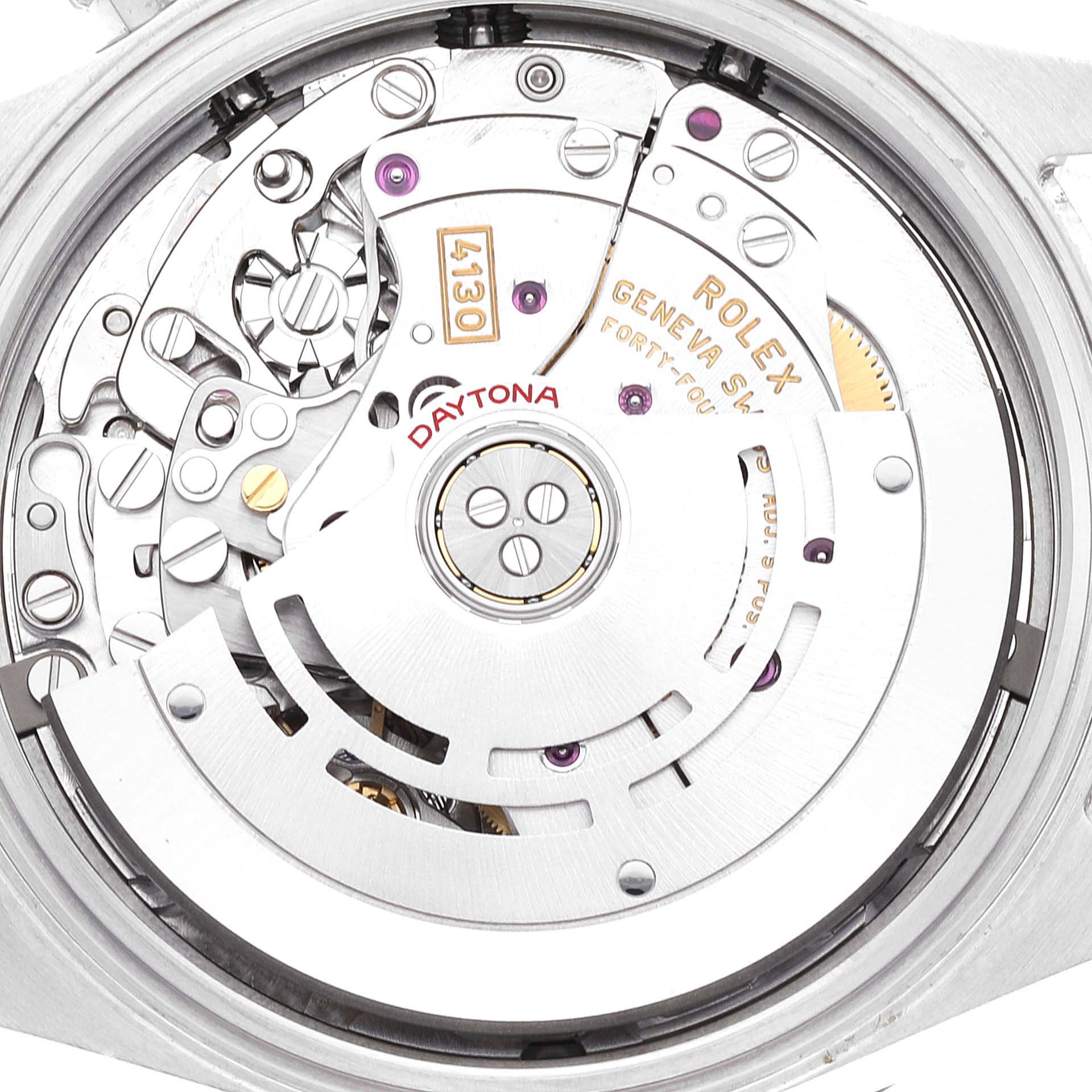 This image shows the internal mechanism of a Rolex Daytona 116500 Men's Stainless Steel White Dial 116500 Men's Stainless Steel White Dial watch, focusing on the rotor and intricate components.