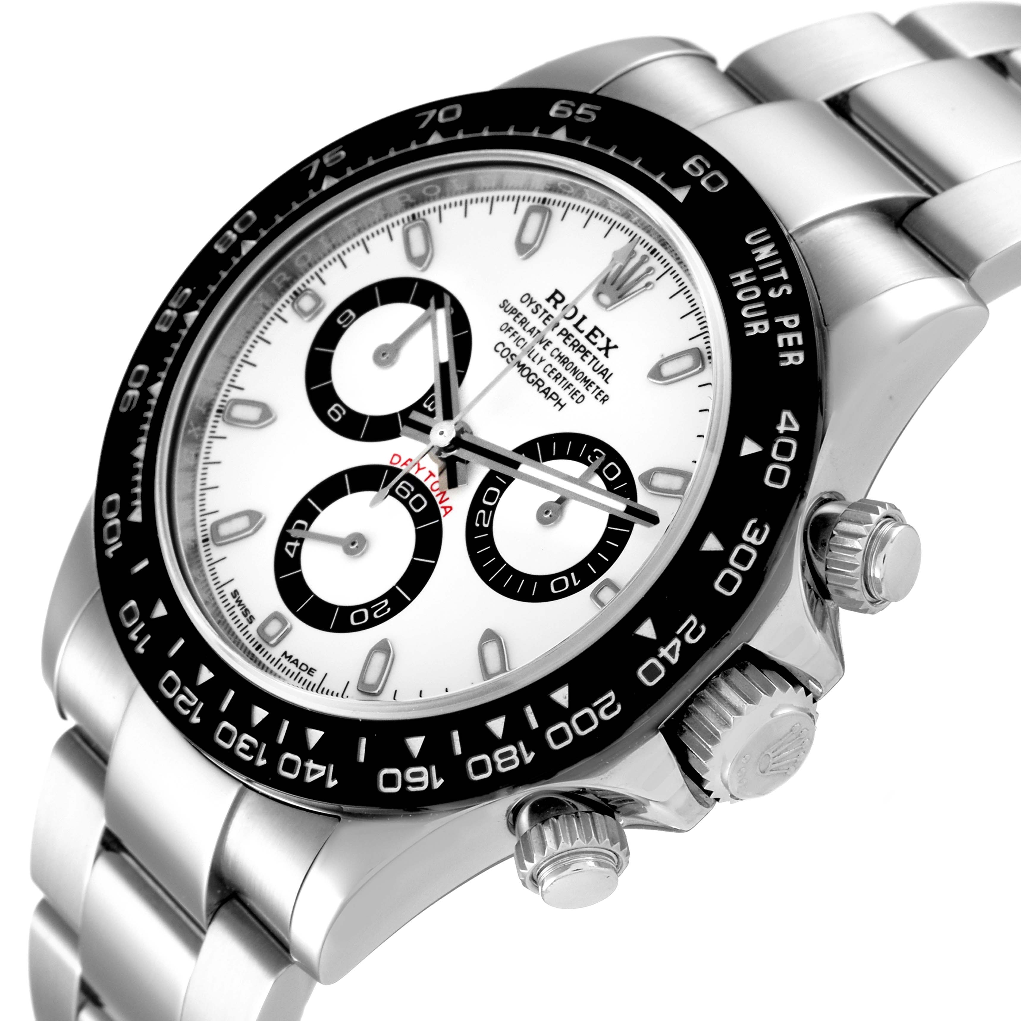 This image shows a close-up view of the Rolex Daytona 116500 Men's Stainless Steel White Dial 116500 Men's Stainless Steel White Dial watch, highlighting its face, bezel, crown, and part of the bracelet.