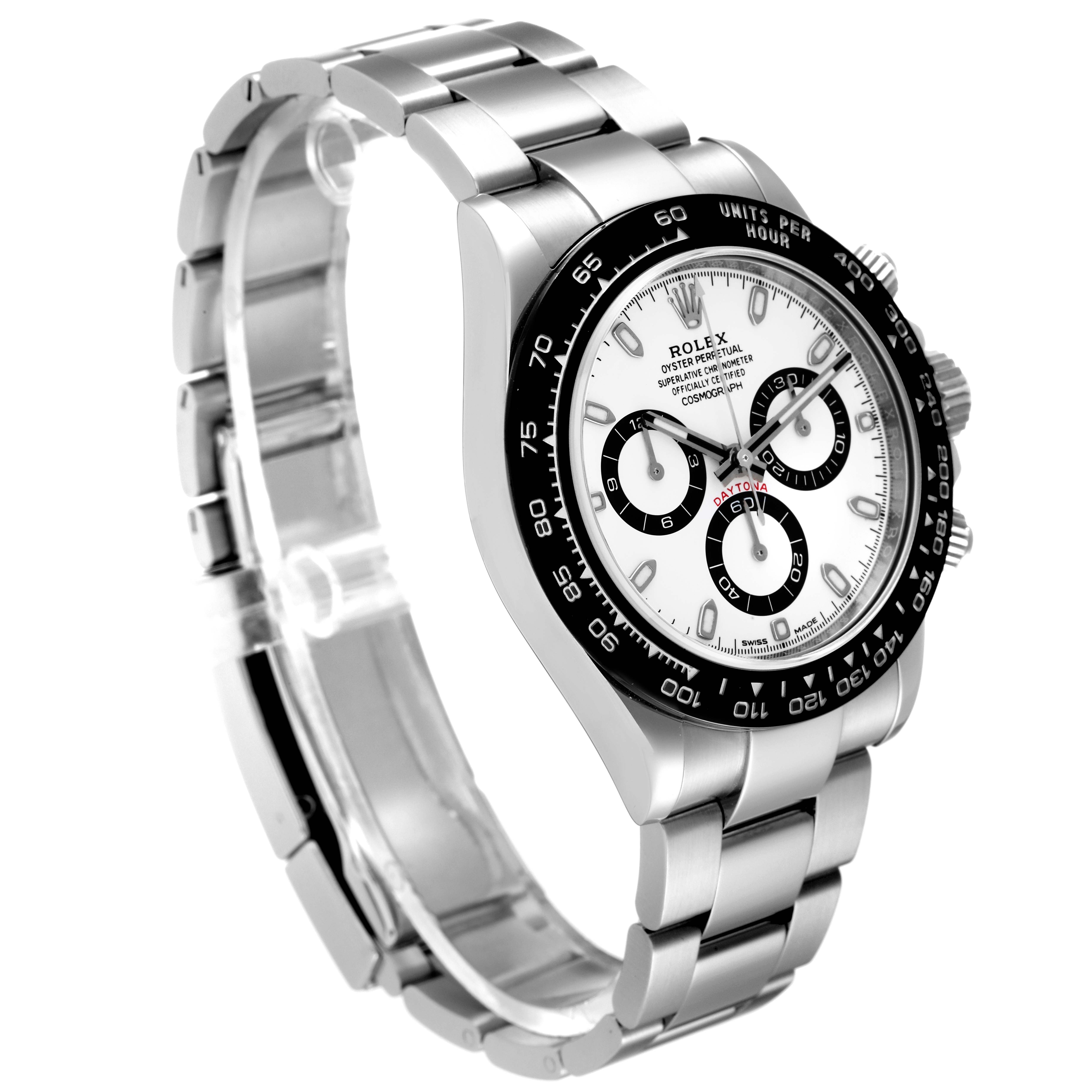 The Rolex Daytona 116500 Men's Stainless Steel White Dial 116500 Men's Stainless Steel White Dial watch is shown at a side angle, displaying its bezel, dial, bracelet, and chronograph sub-dials.
