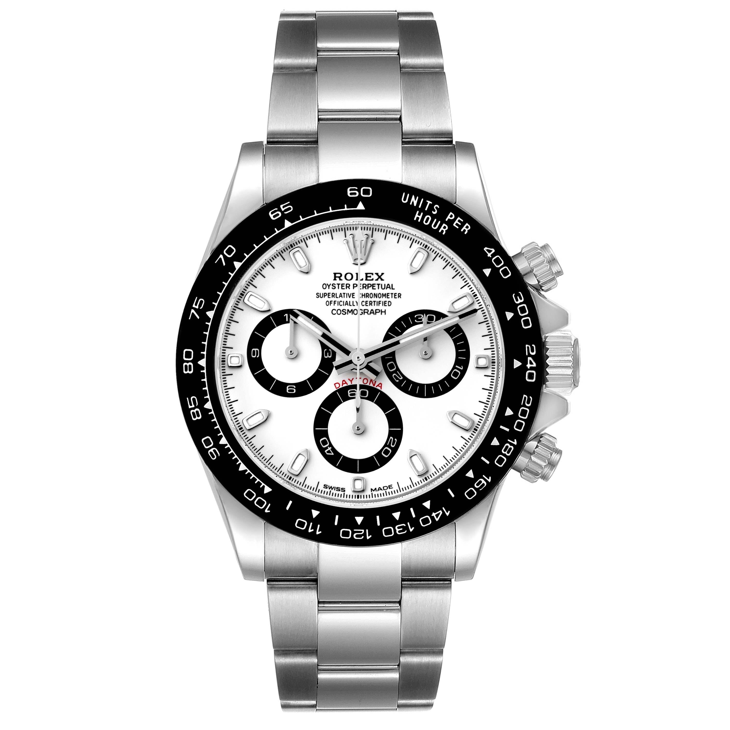 The image shows a front view of a Rolex Daytona 116500 Men's Stainless Steel White Dial 116500 Men's Stainless Steel White Dial watch, displaying its dial, bezel, and bracelet.