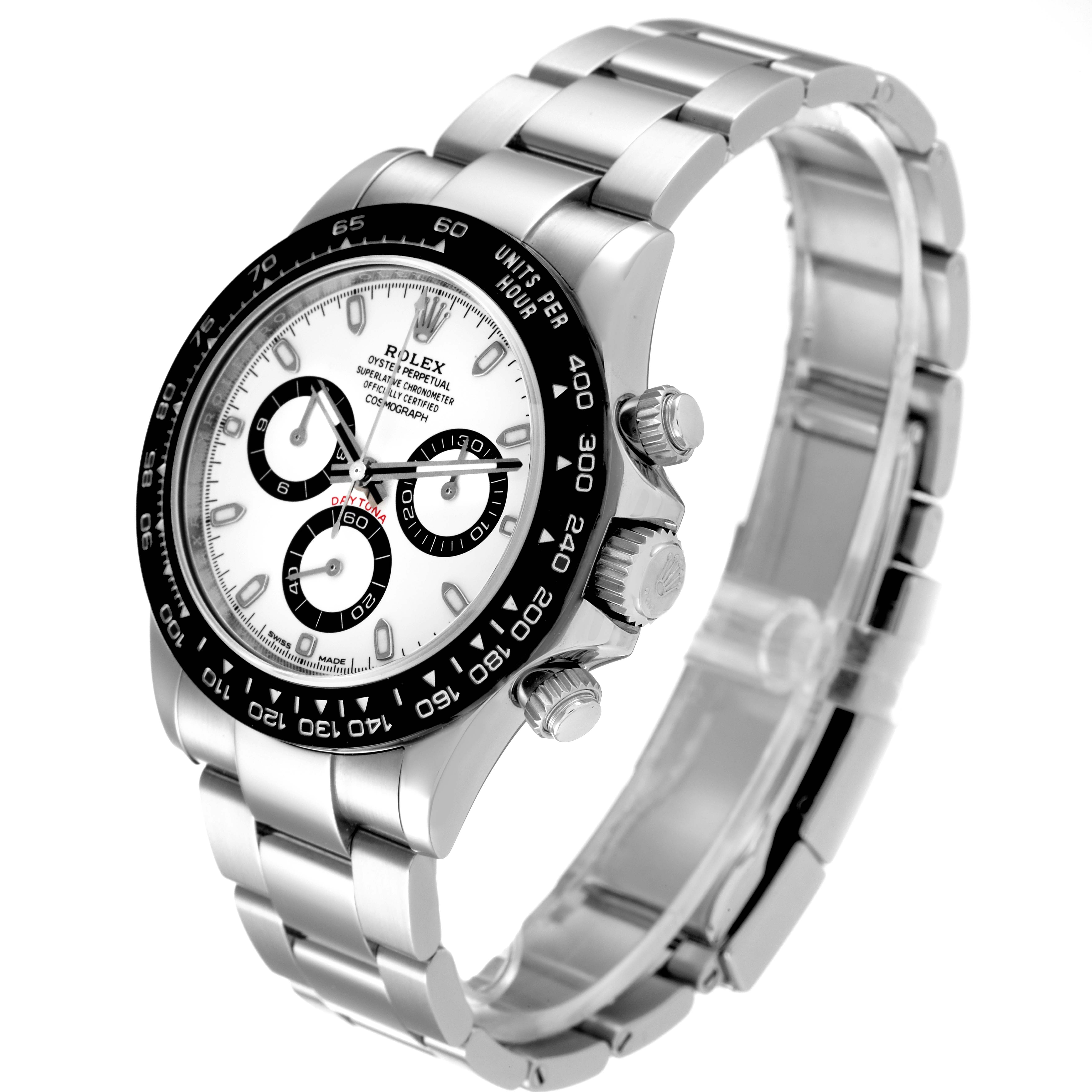 This image shows a Rolex Daytona 116500 Men's Stainless Steel White Dial 116500 Men's Stainless Steel White Dial watch at an angled front view, highlighting its dial, bezel, pushers, and bracelet.